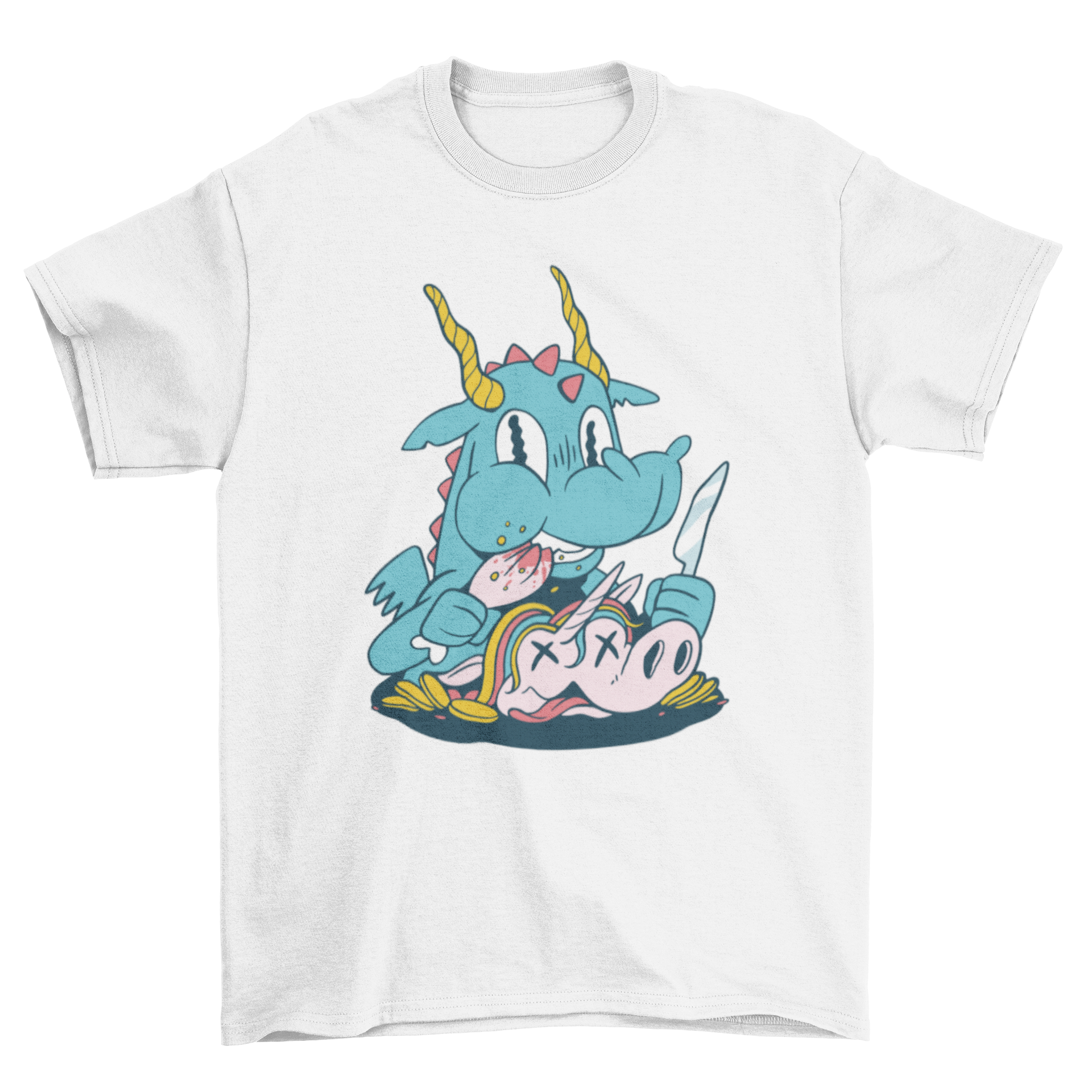 A unique t-shirt featuring a detailed illustration of a dragon eating a unicorn, showcasing vibrant colors and intricate designs.