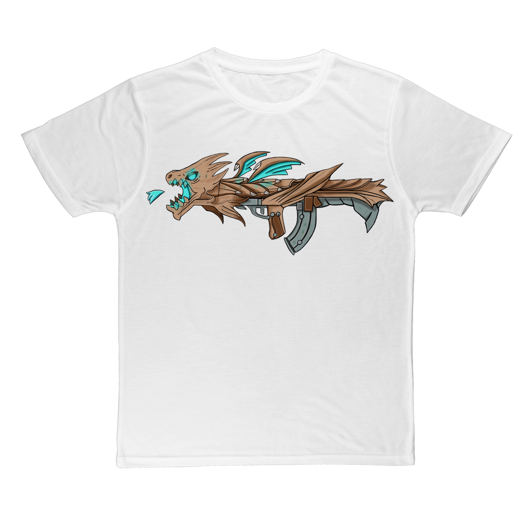 Dragon Gun Classic Sublimation Adult T-Shirt featuring vibrant colors and a soft cotton-like feel, perfect for custom printing.