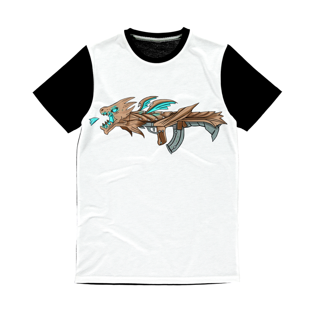 Dragon Gun Classic Sublimation Panel T-Shirt featuring vibrant sublimation printing on the front and a plain black back.