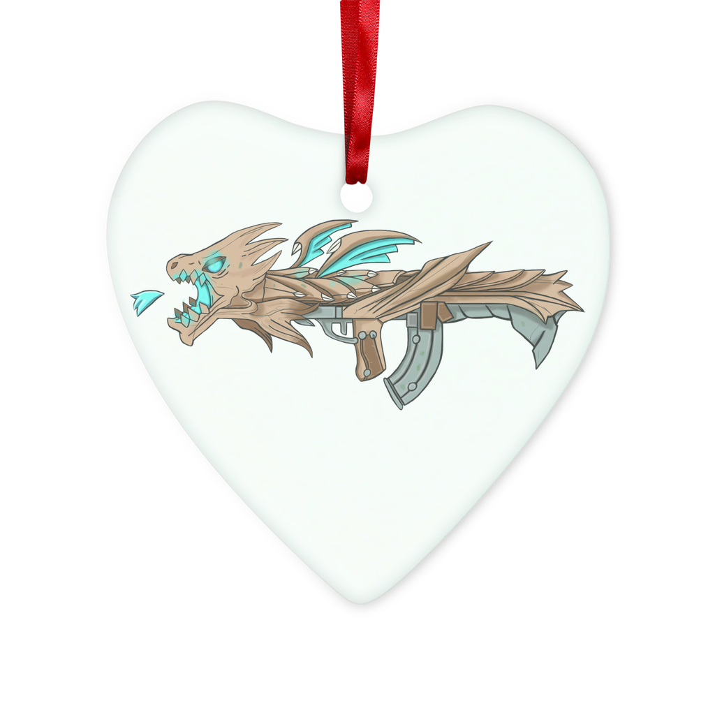 Dragon Gun Glass Hanging Ornament in round and heart shapes, featuring a red ribbon and gold string, elegantly packaged in a white box.