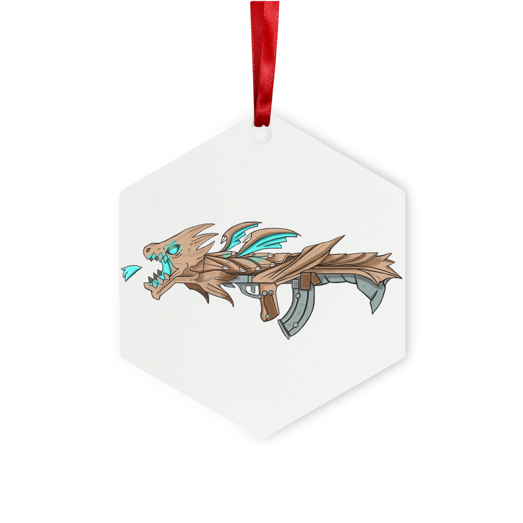 Dragon Gun Metal Hanging Ornament in hexagon and star shapes, featuring a glossy white finish and red ribbon for hanging.