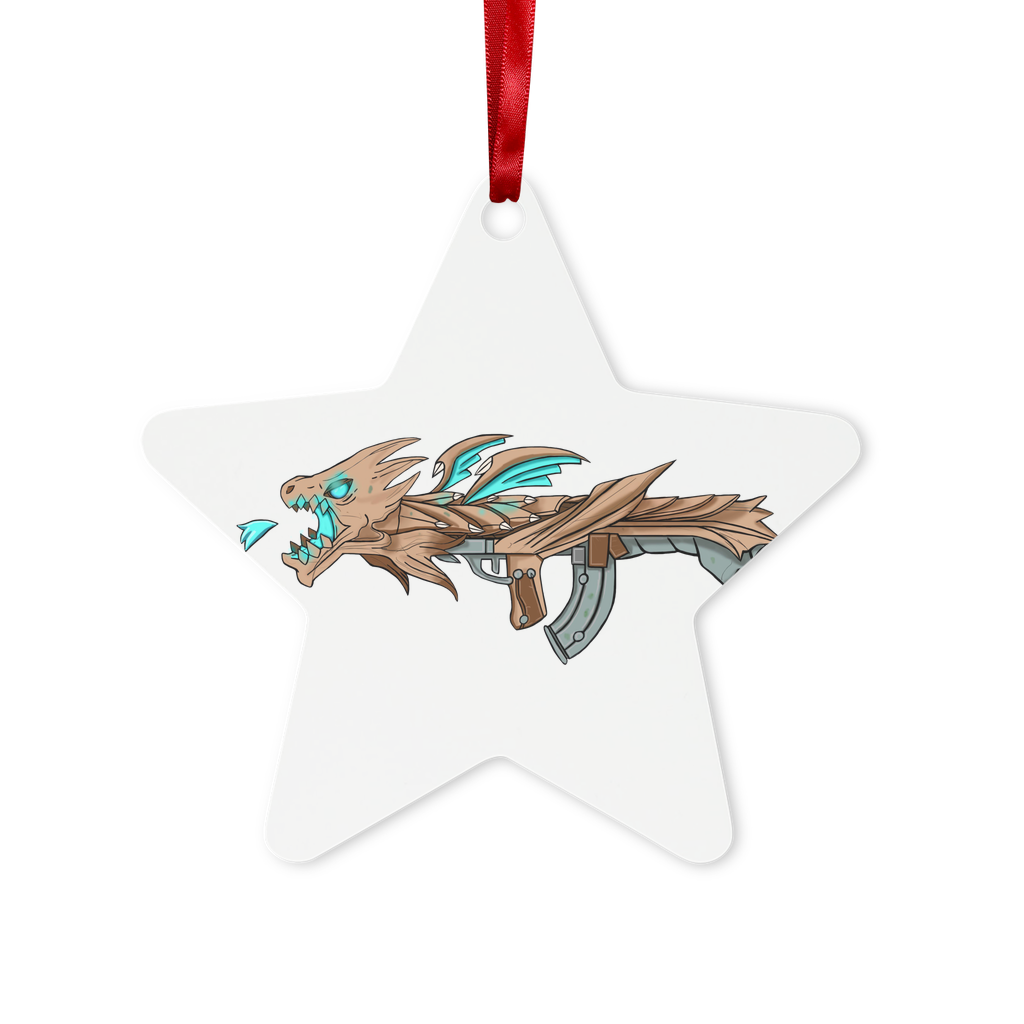 Dragon Gun Metal Hanging Ornament in hexagon and star shapes, featuring a glossy white finish and red ribbon for hanging.