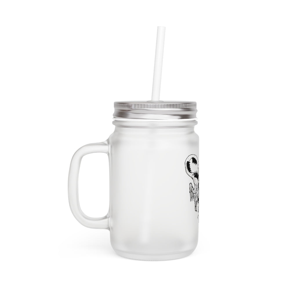 A stylish Dragon Mason Jar made of frosted glass, featuring a straw and lid, perfect for personalized drinks.