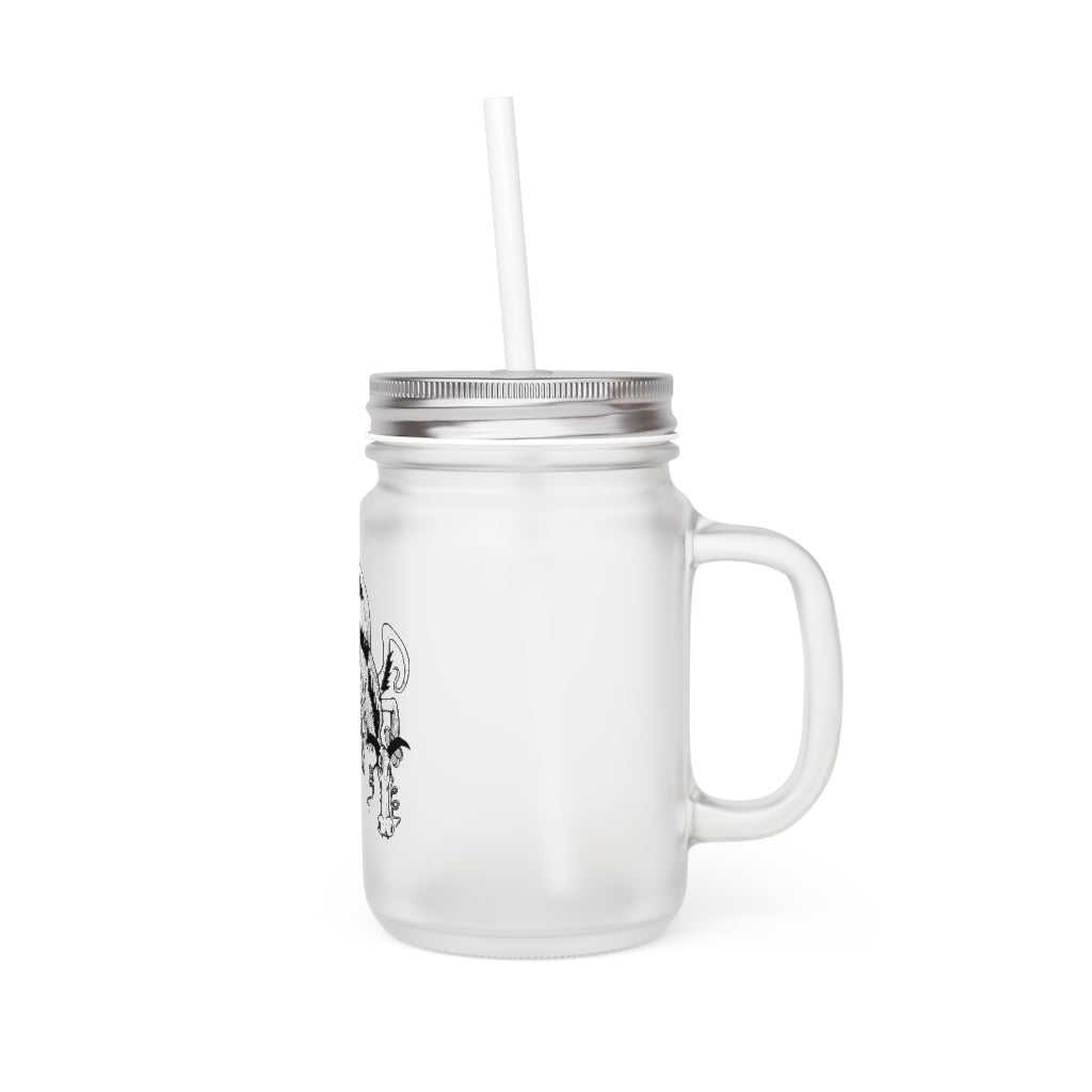 A stylish Dragon Mason Jar made of frosted glass, featuring a straw and lid, perfect for personalized drinks.