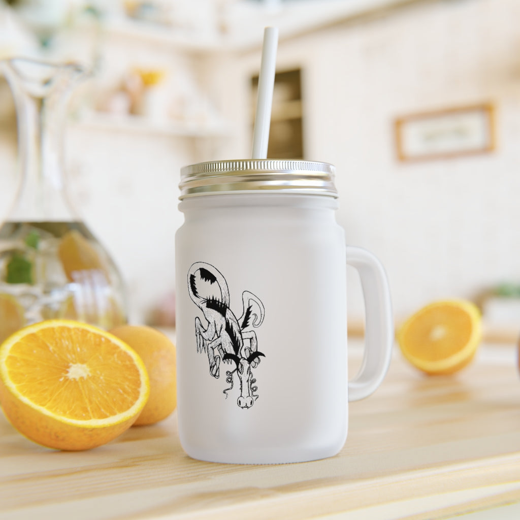 A stylish Dragon Mason Jar made of frosted glass, featuring a straw and lid, perfect for personalized drinks.