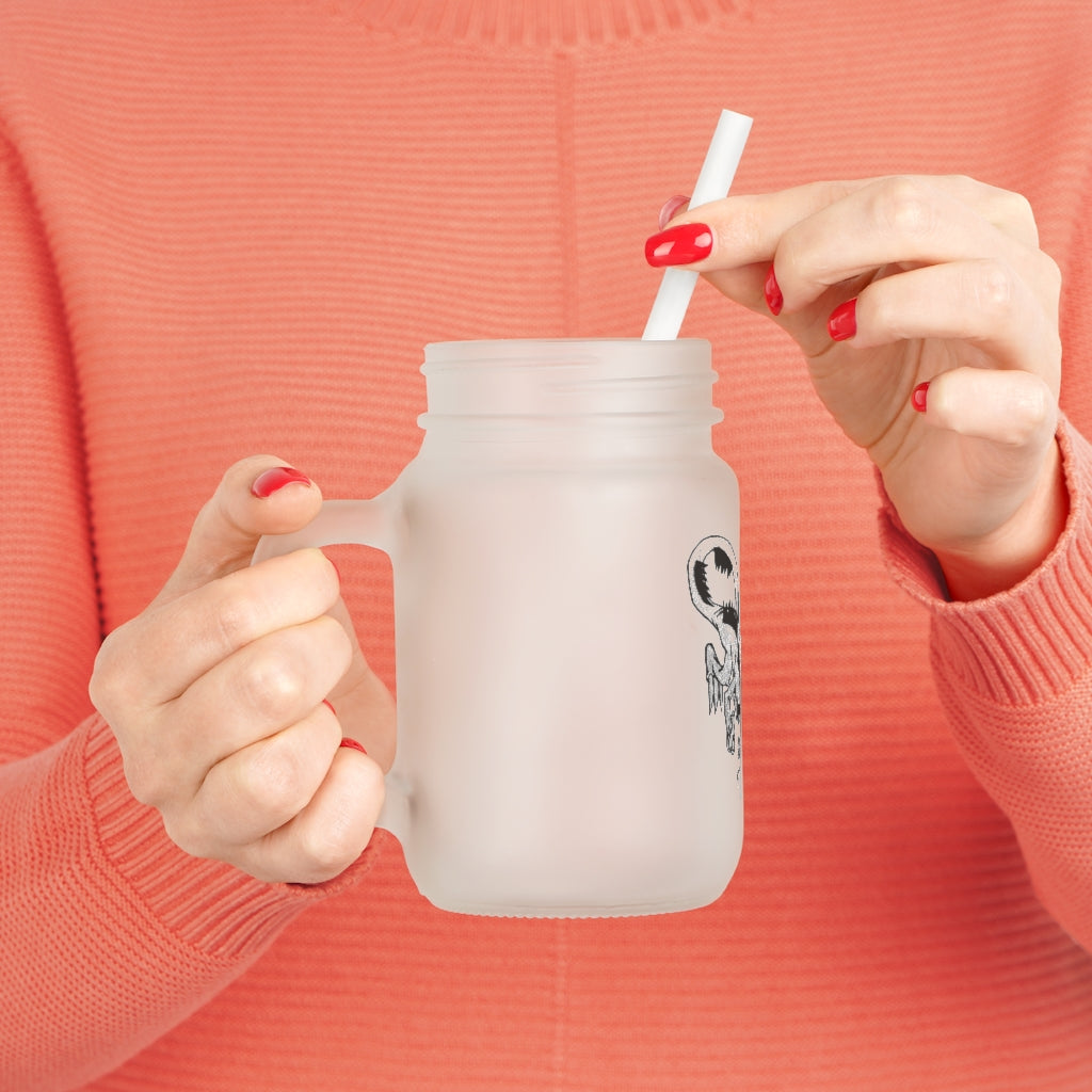 A stylish Dragon Mason Jar made of frosted glass, featuring a straw and lid, perfect for personalized drinks.