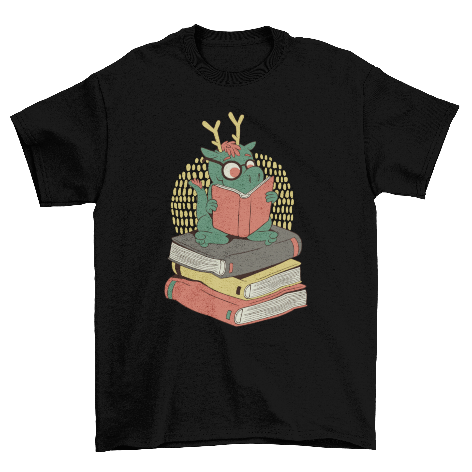 A cute t-shirt featuring a dragon reading on top of a pile of colorful books, perfect for book lovers.