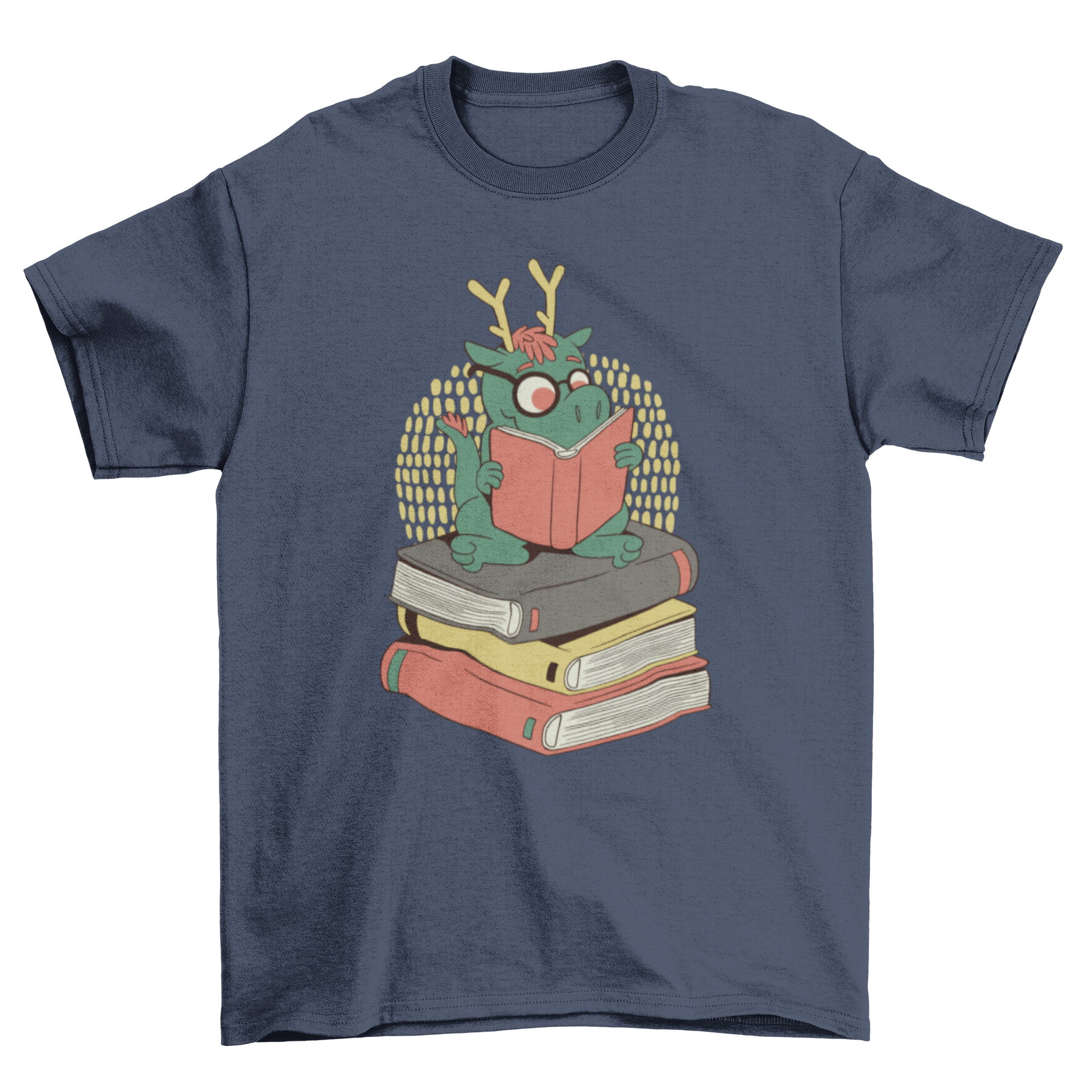 A cute t-shirt featuring a dragon reading on top of a pile of colorful books, perfect for book lovers.