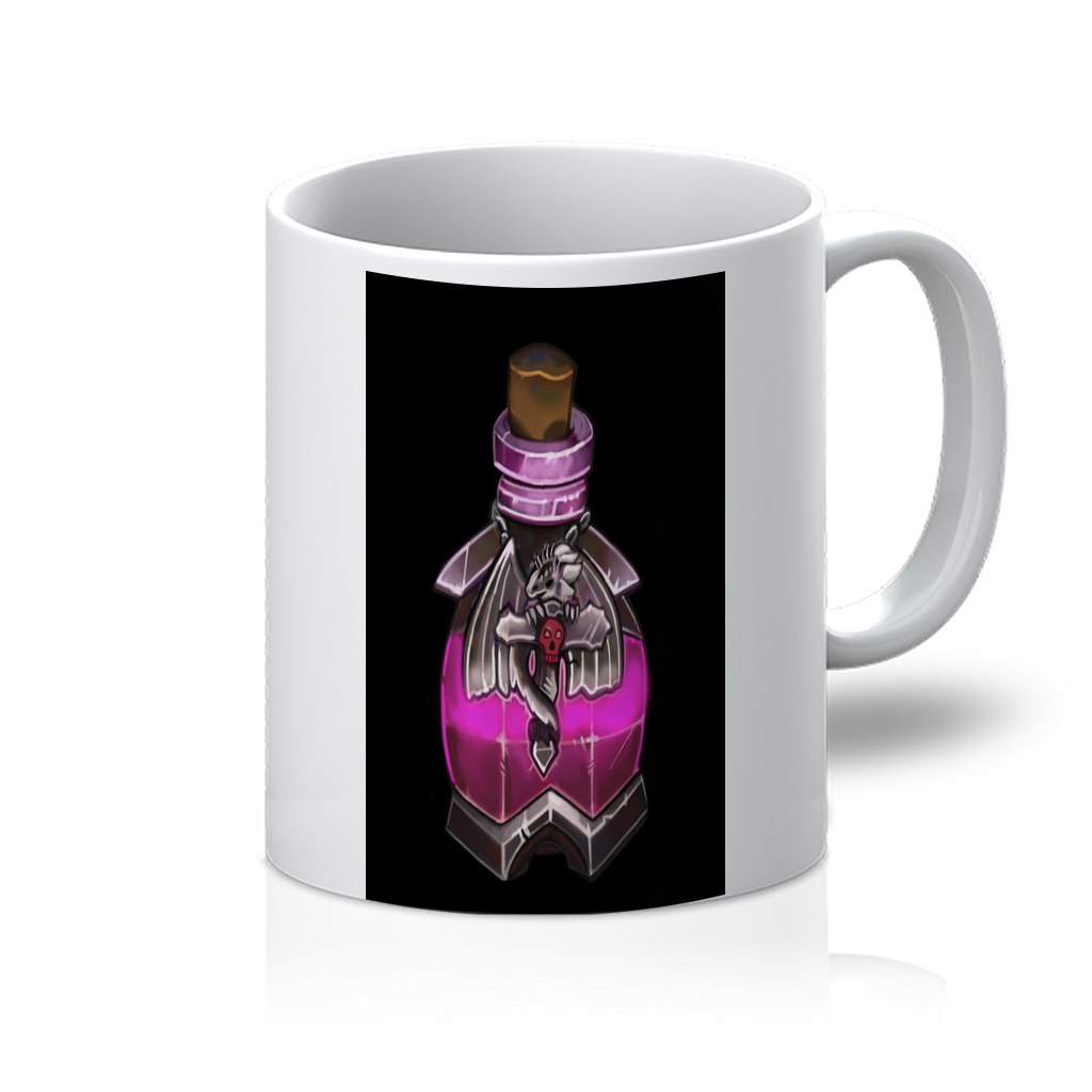 Dragon Potion 11oz Mug with vibrant sublimated design on a flawless white surface, perfect for beverages.