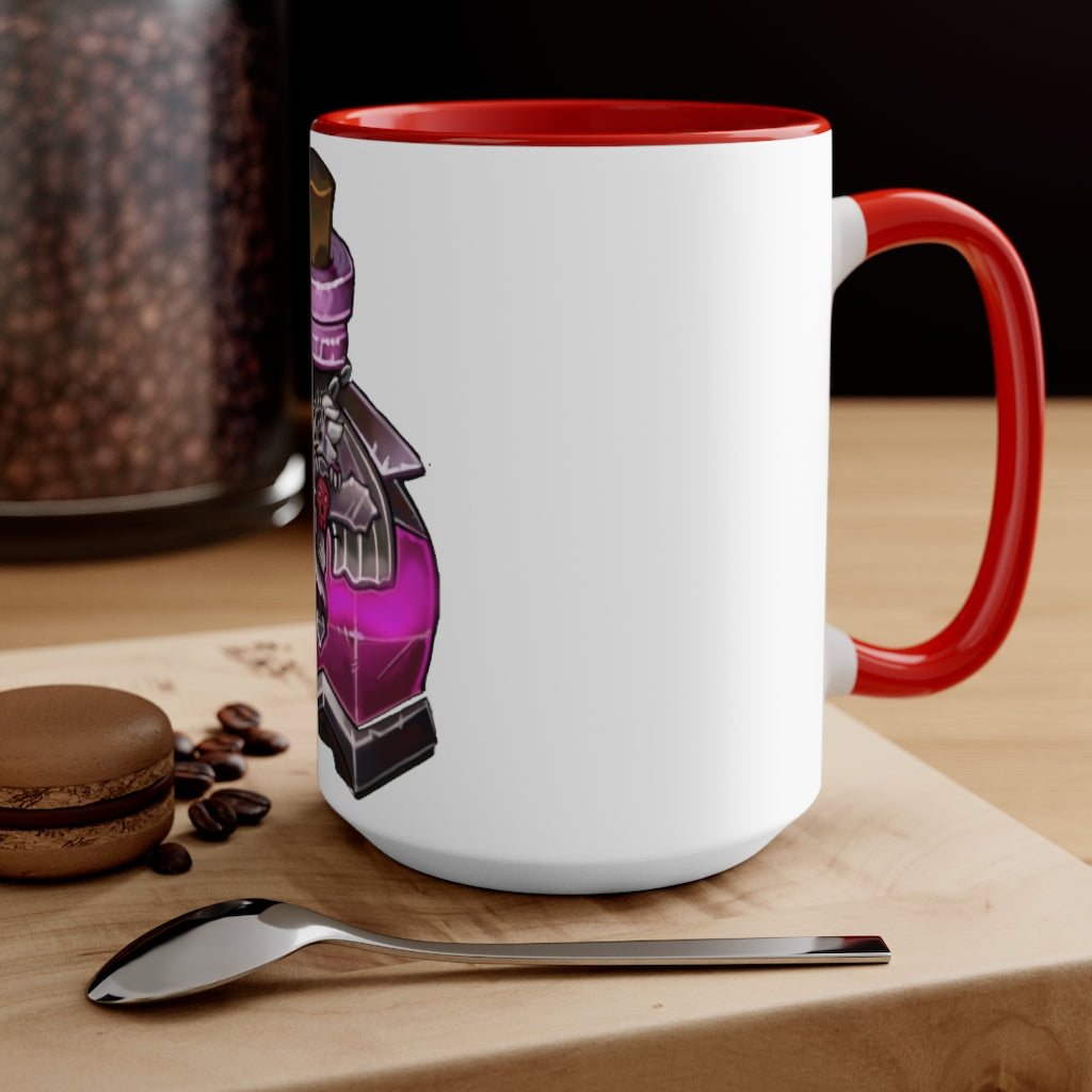 A stylish two-tone Dragon Potion Accent Mug featuring a white exterior with a colored interior, available in red, pink, and black options.