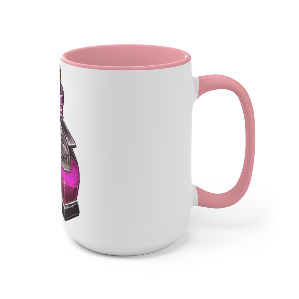 A stylish two-tone Dragon Potion Accent Mug featuring a white exterior with a colored interior, available in red, pink, and black options.