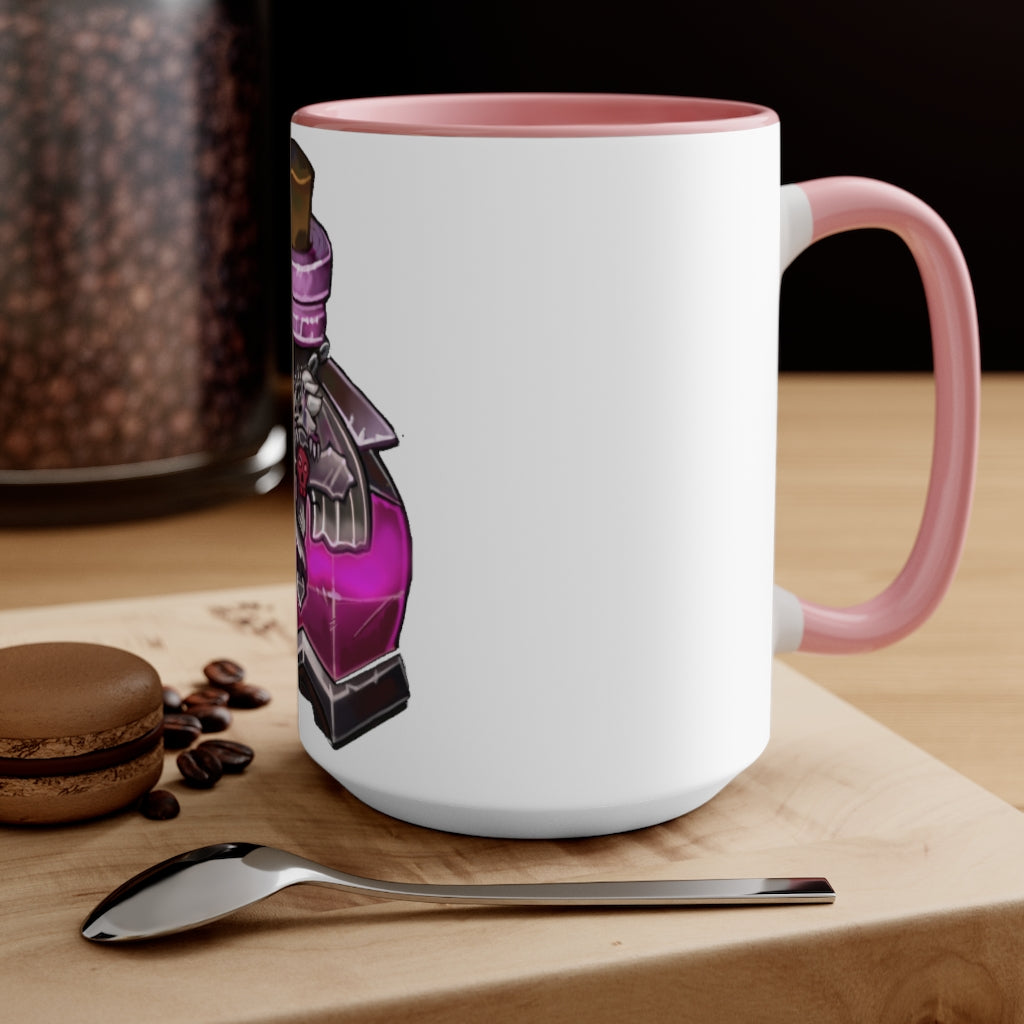 A stylish two-tone Dragon Potion Accent Mug featuring a white exterior with a colored interior, available in red, pink, and black options.