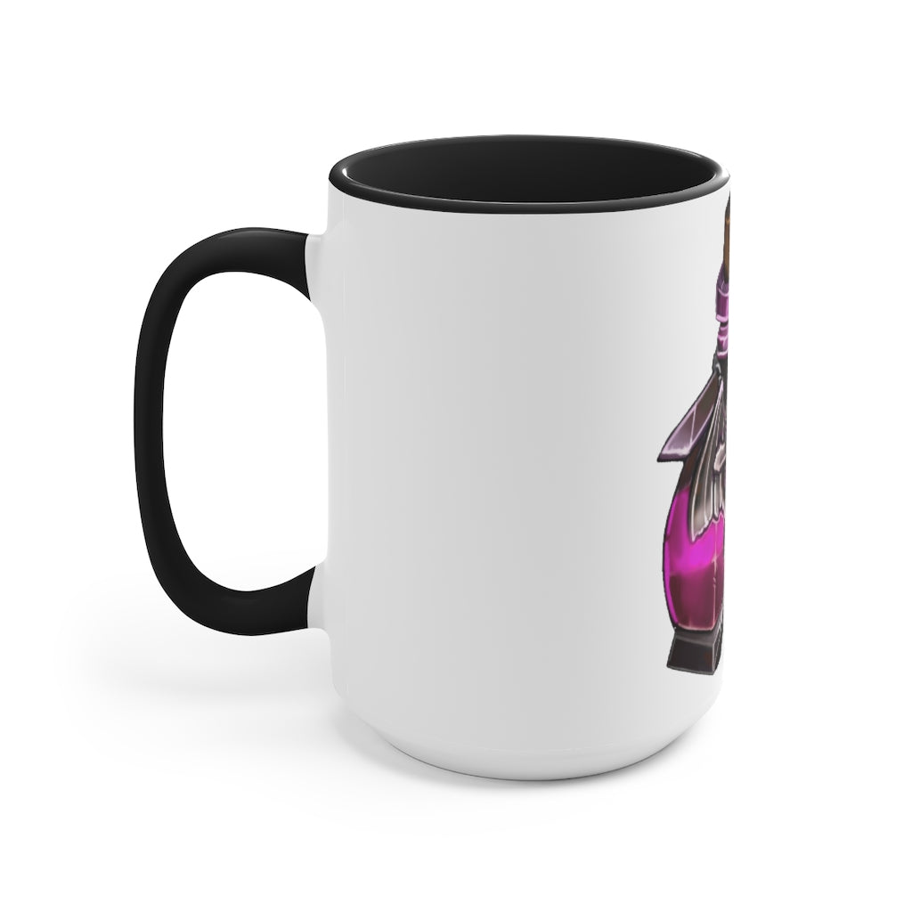 A stylish two-tone Dragon Potion Accent Mug featuring a white exterior with a colored interior, available in red, pink, and black options.