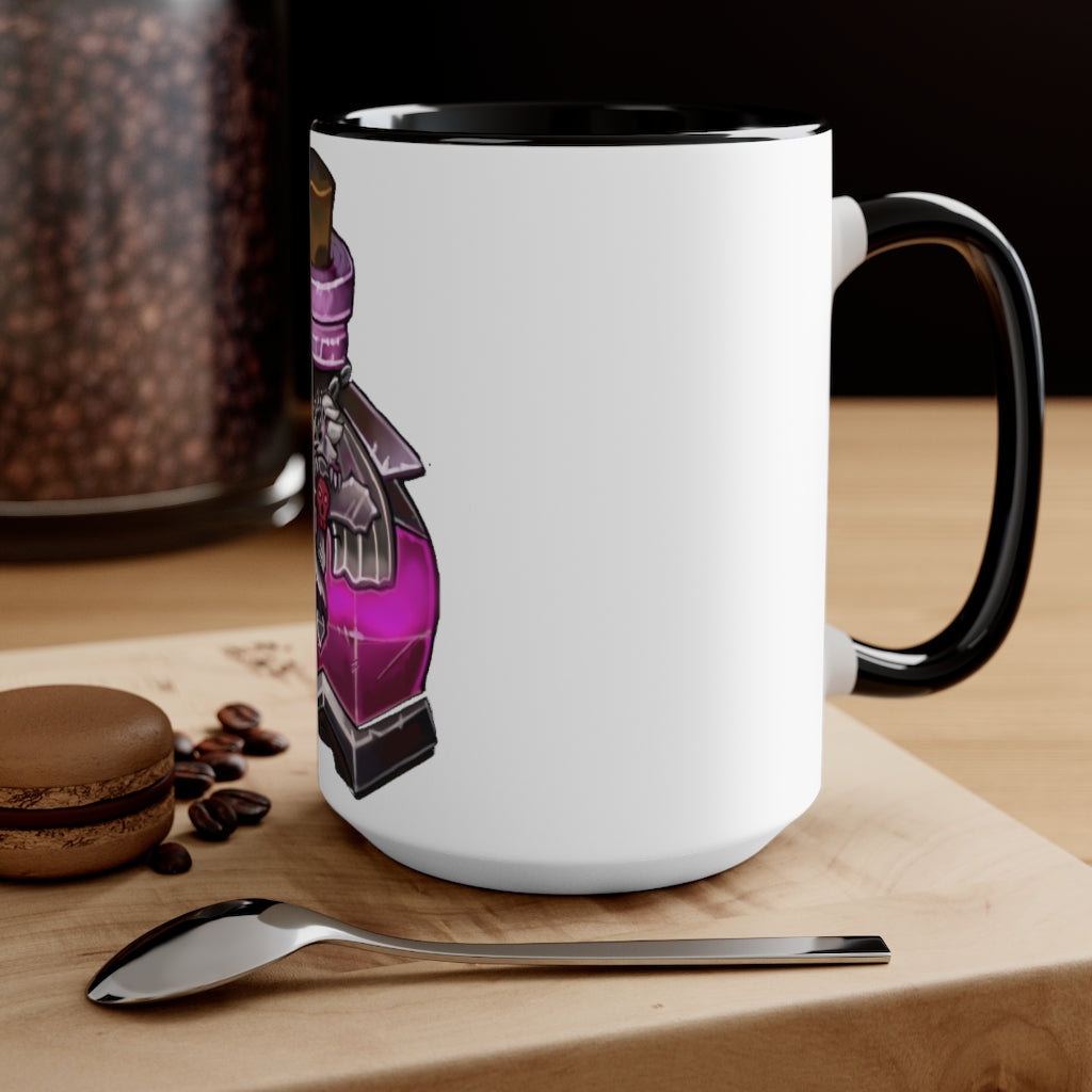 A stylish two-tone Dragon Potion Accent Mug featuring a white exterior with a colored interior, available in red, pink, and black options.