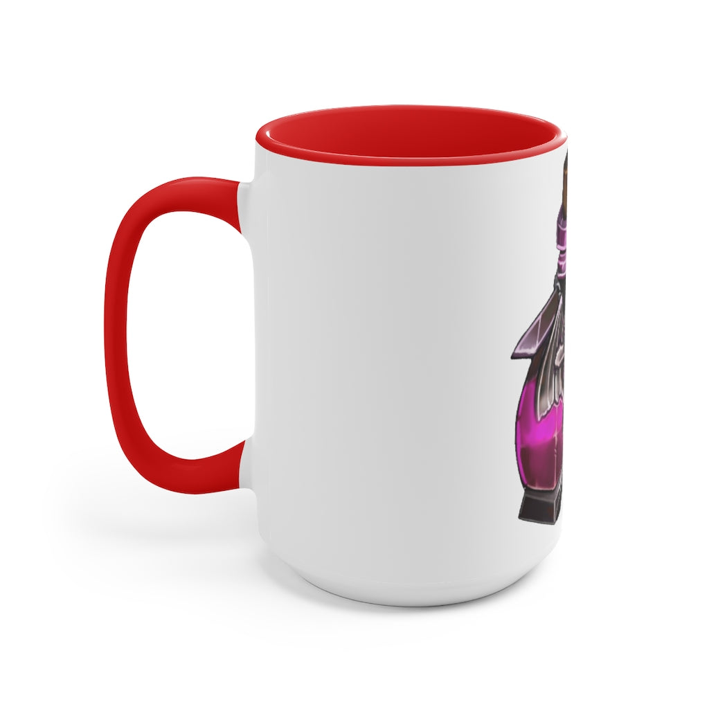 A stylish two-tone Dragon Potion Accent Mug featuring a white exterior with a colored interior, available in red, pink, and black options.