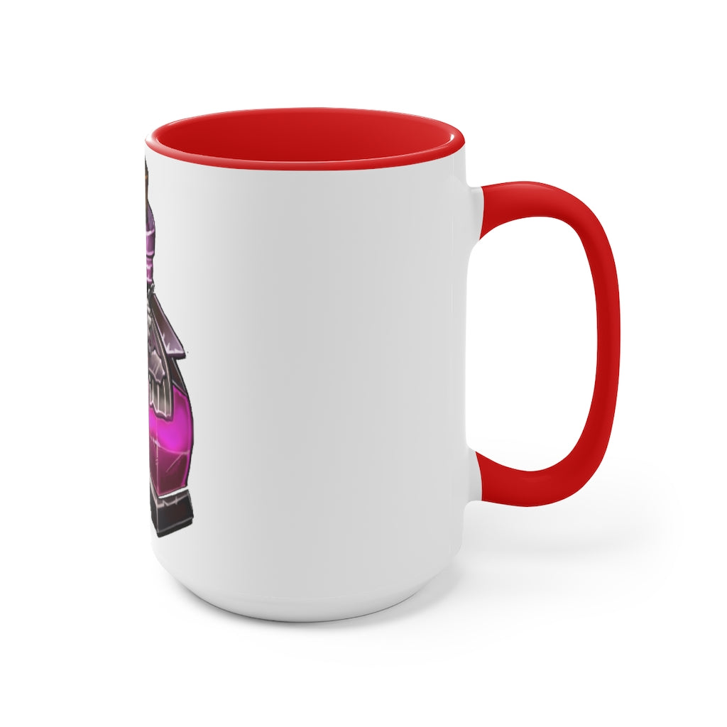 A stylish two-tone Dragon Potion Accent Mug featuring a white exterior with a colored interior, available in red, pink, and black options.