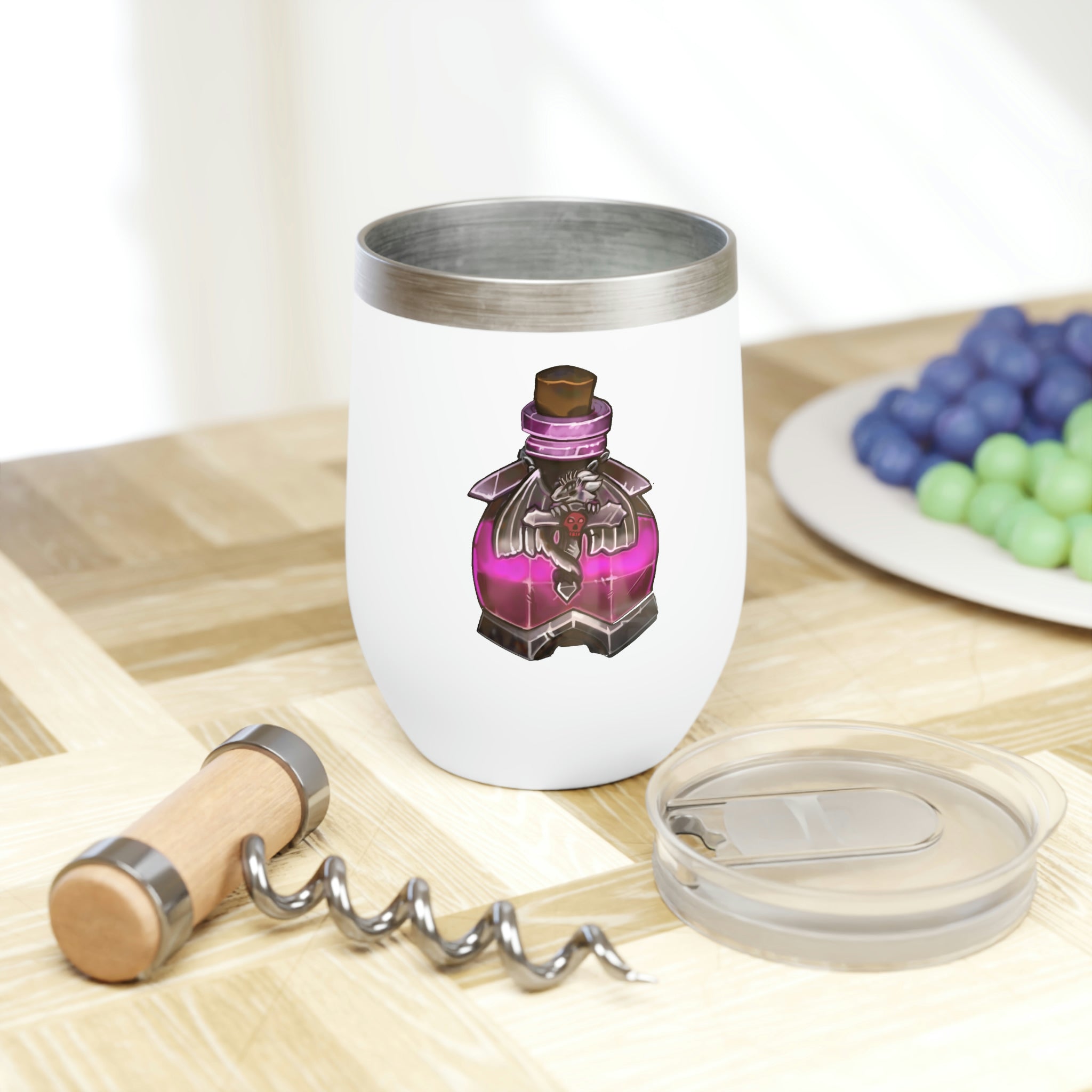 Dragon Potion Chill Wine Tumbler in stainless steel with double-insulated walls, showcasing a customizable design.