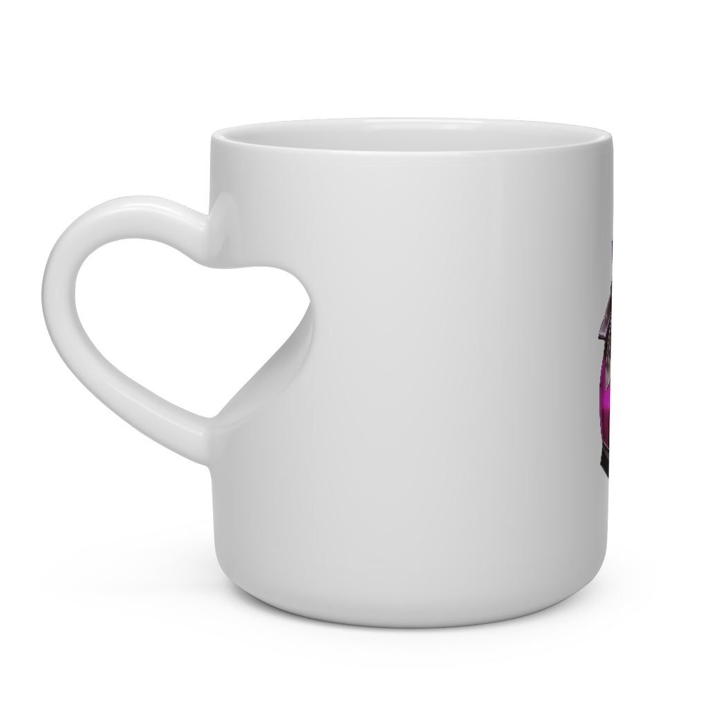 A white ceramic heart-shaped mug with a heart-shaped handle, perfect for hot beverages.