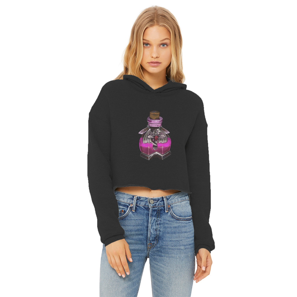 Dragon Potion Ladies Cropped Raw Edge Hoodie showcasing a stylish cropped design with raw edge hem and double fabric hood.