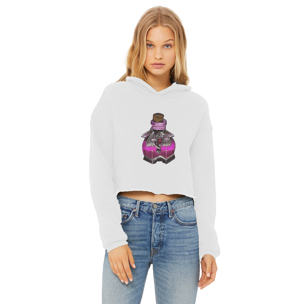 Dragon Potion Ladies Cropped Raw Edge Hoodie showcasing a stylish cropped design with raw edge hem and double fabric hood.