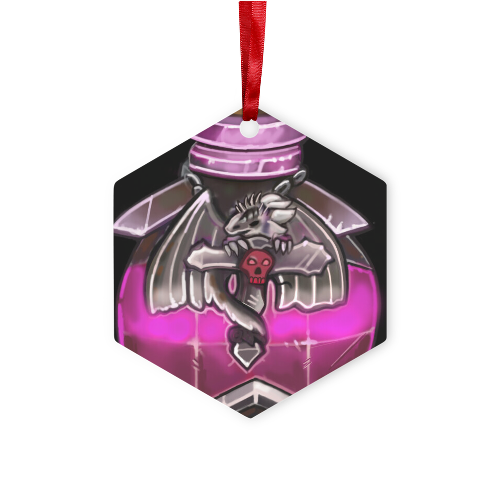 Dragon Potion Metal Hanging Ornament in hexagon and star shapes, featuring a glossy white finish and red ribbon for hanging.