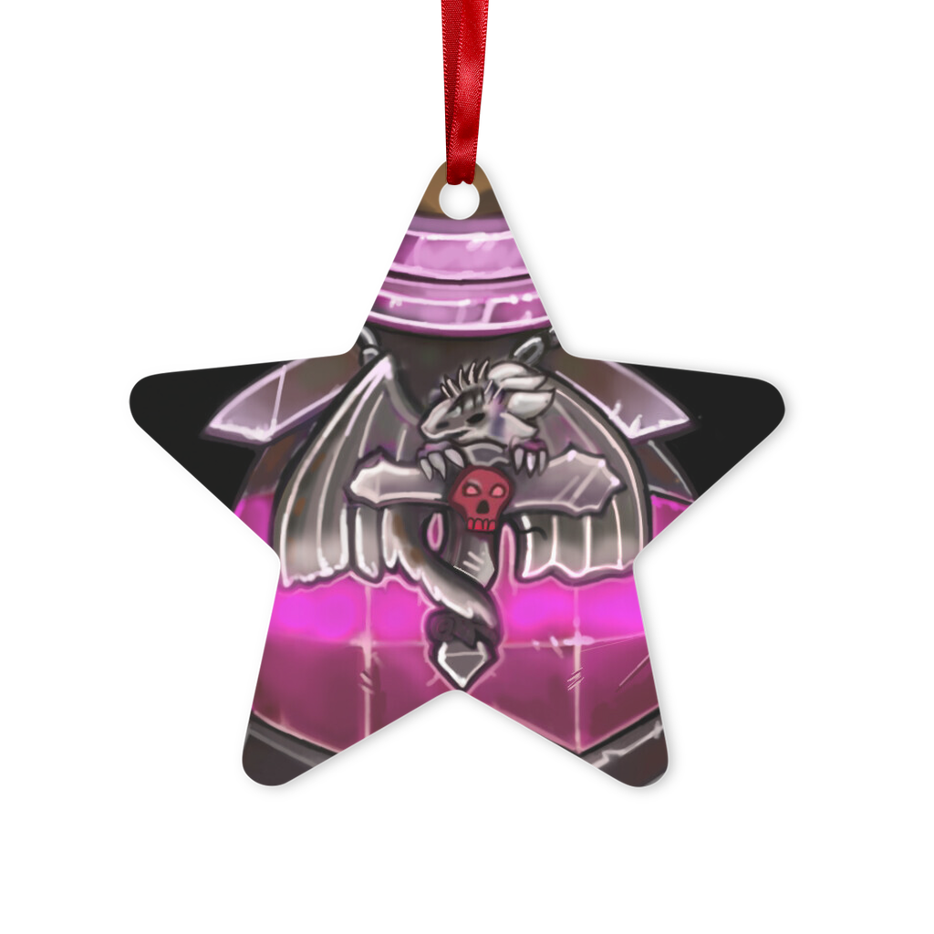 Dragon Potion Metal Hanging Ornament in hexagon and star shapes, featuring a glossy white finish and red ribbon for hanging.