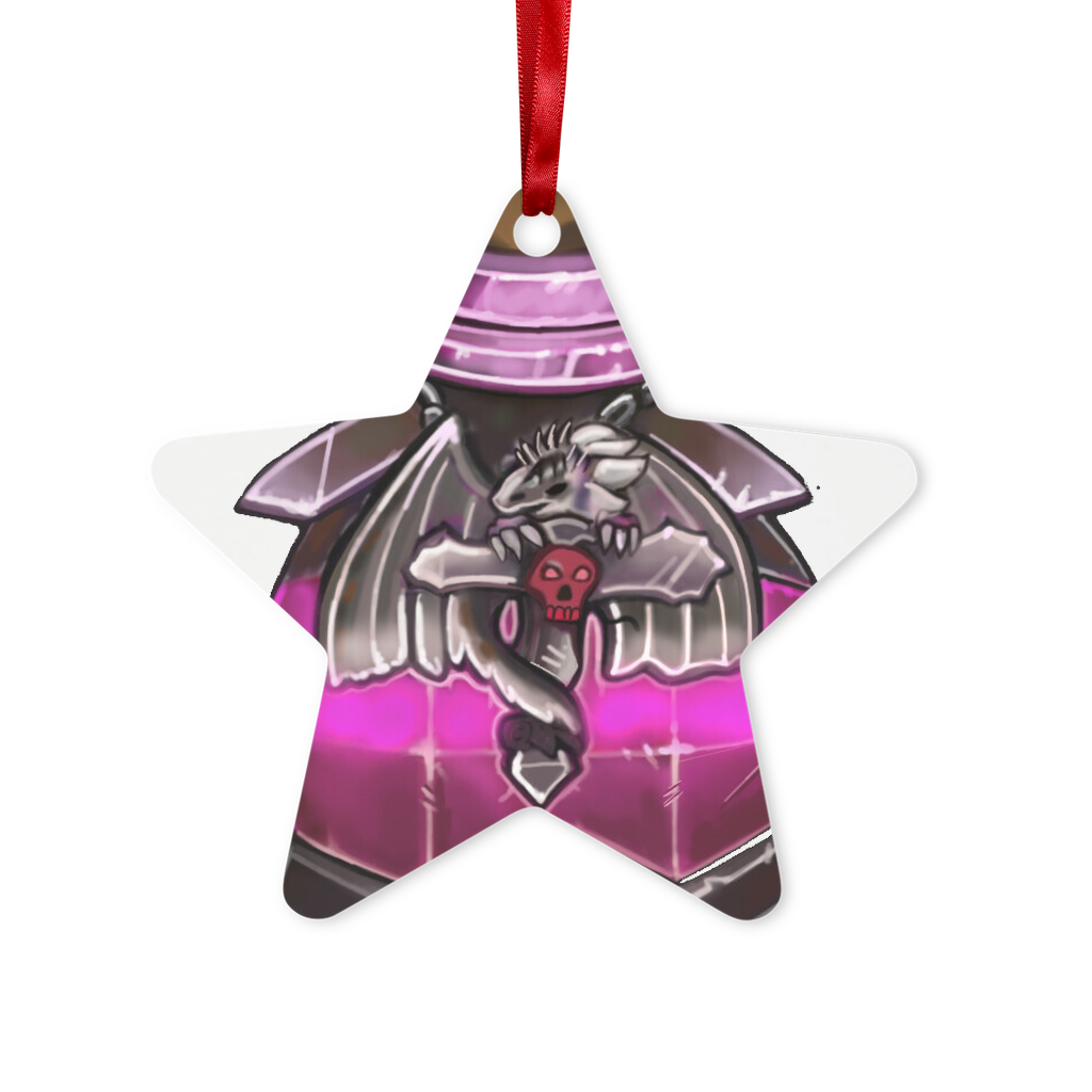 Dragon Potion Metal Hanging Ornament in hexagon and star shapes, featuring a glossy white finish and red ribbon for hanging.