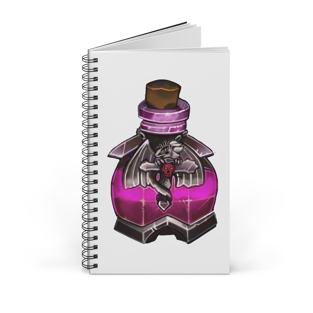 Dragon Potion Spiral Journal featuring a colorful front cover with various styles including blank, dot grid, lined, and task layouts.