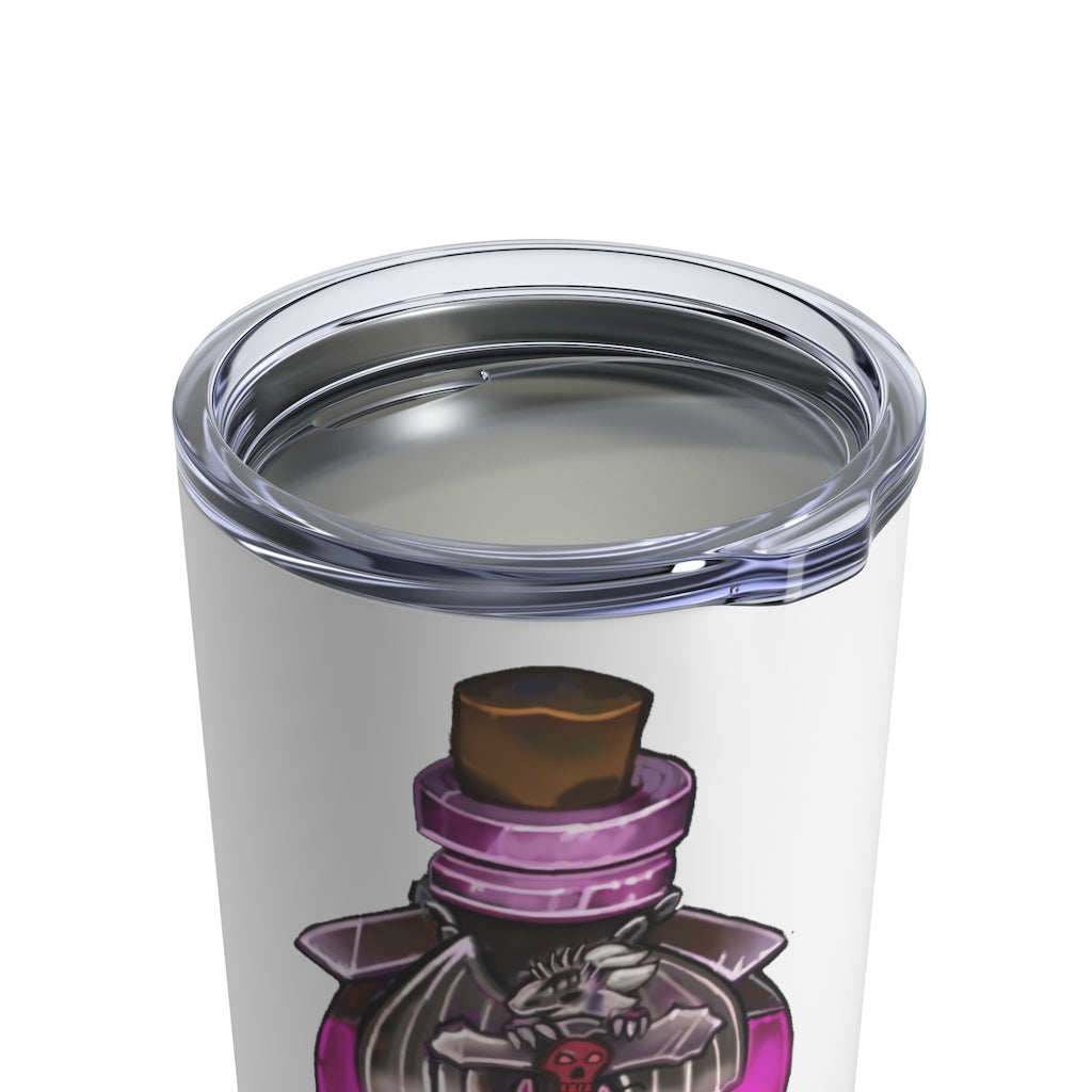 Dragon Potion Tumbler 10oz in stainless steel with a see-thru plastic lid, showcasing its sleek design and rounded corners.