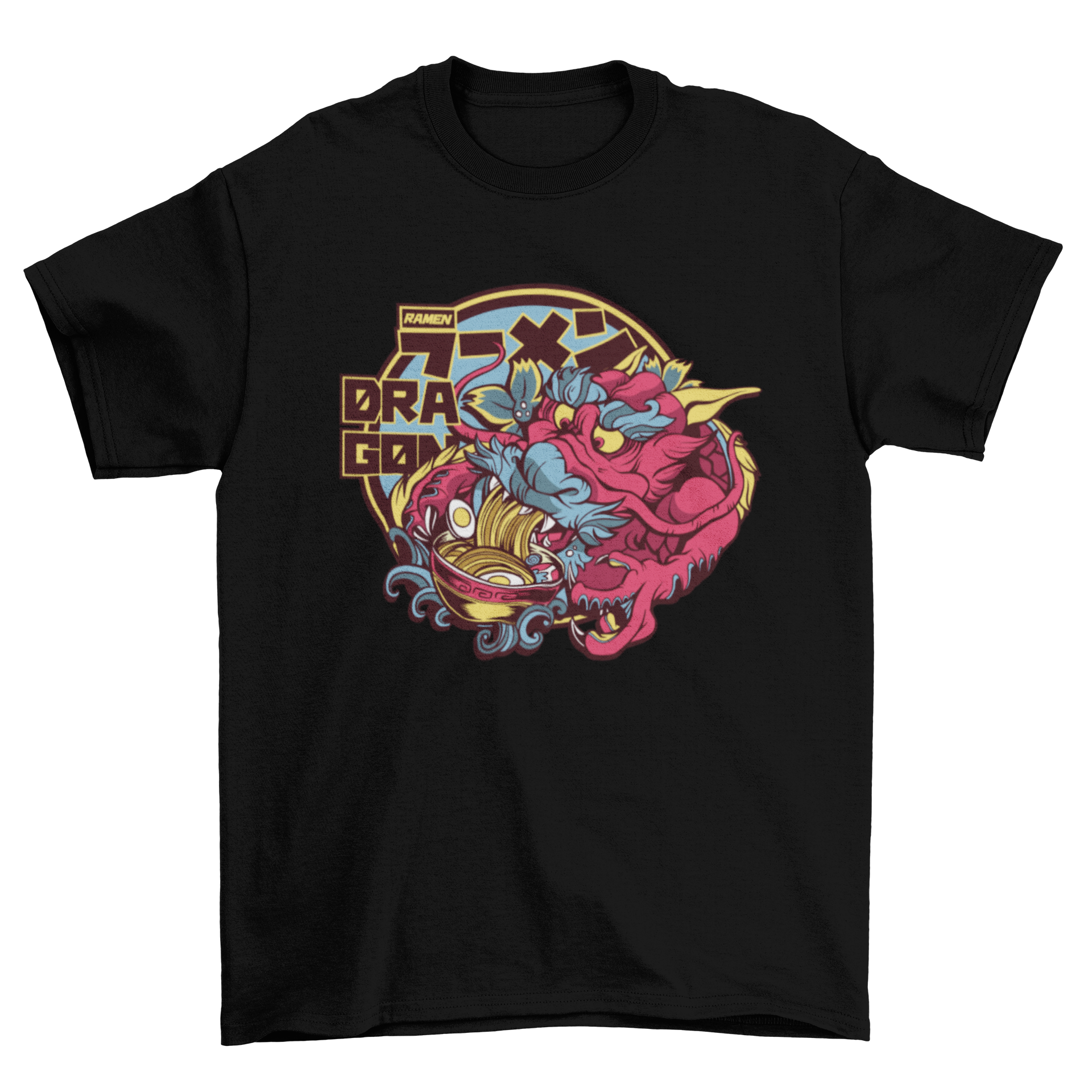 A stylish t-shirt featuring a colorful dragon illustration enjoying a bowl of ramen, perfect for food and anime lovers.