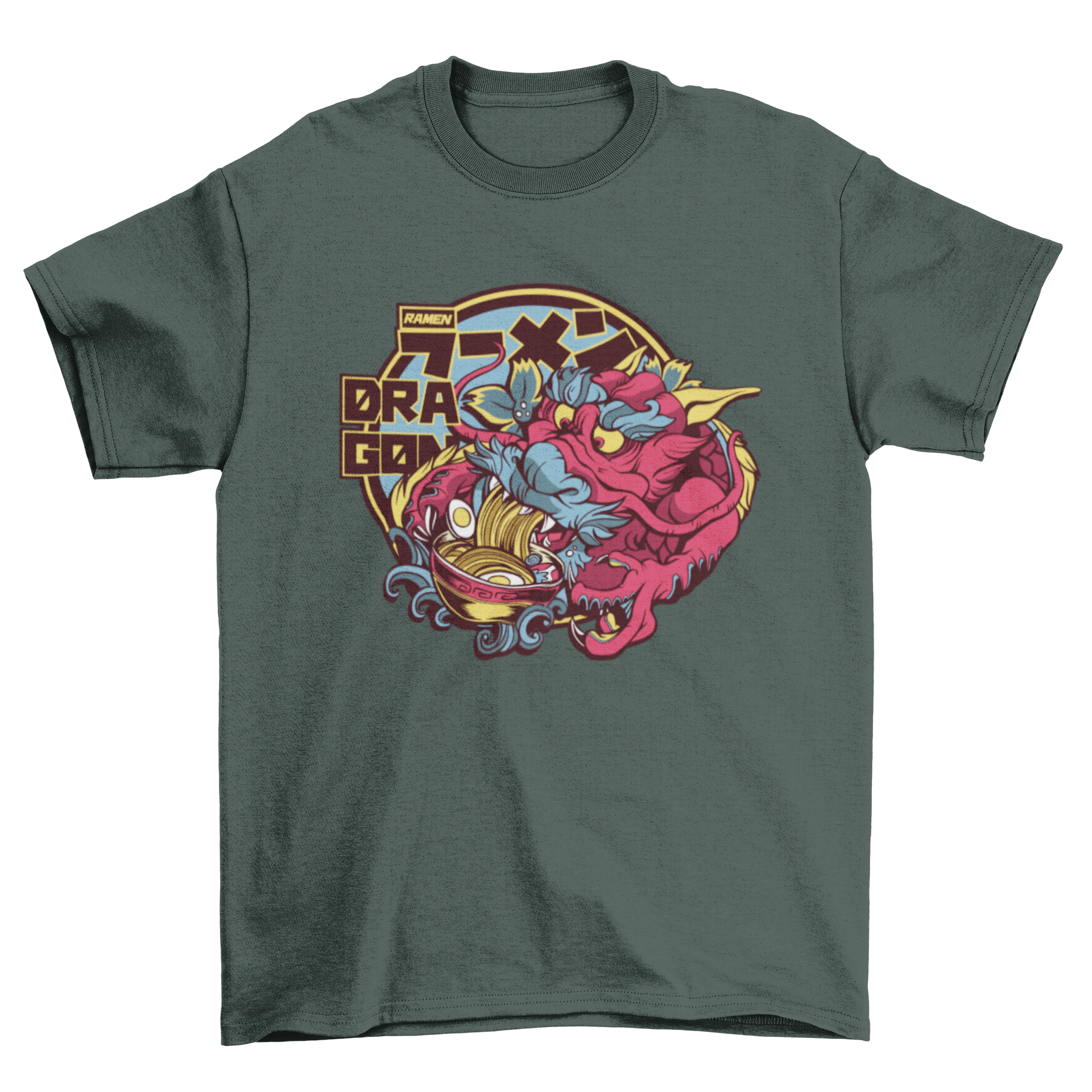 A stylish t-shirt featuring a colorful dragon illustration enjoying a bowl of ramen, perfect for food and anime lovers.