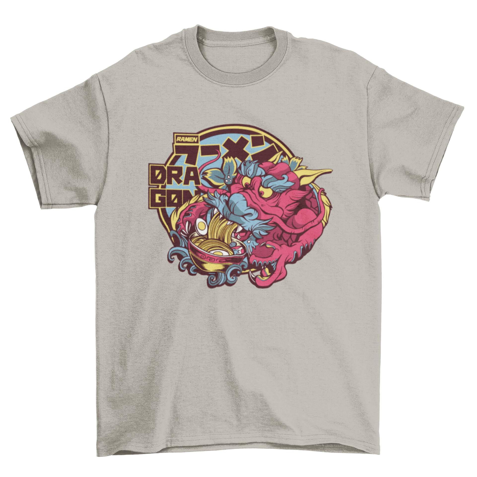 A stylish t-shirt featuring a colorful dragon illustration enjoying a bowl of ramen, perfect for food and anime lovers.