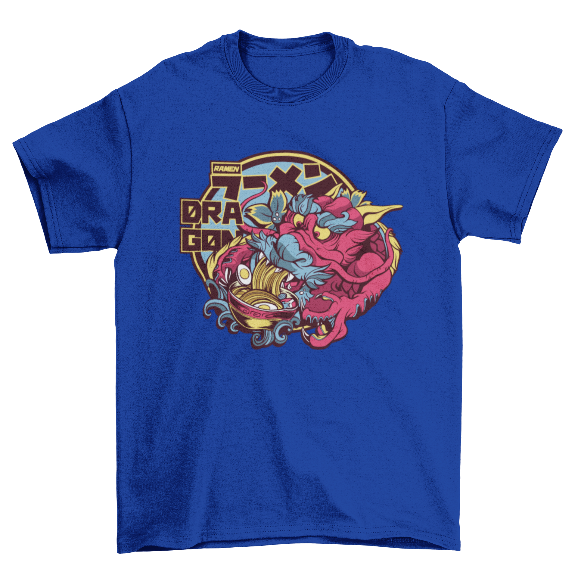 A stylish t-shirt featuring a colorful dragon illustration enjoying a bowl of ramen, perfect for food and anime lovers.