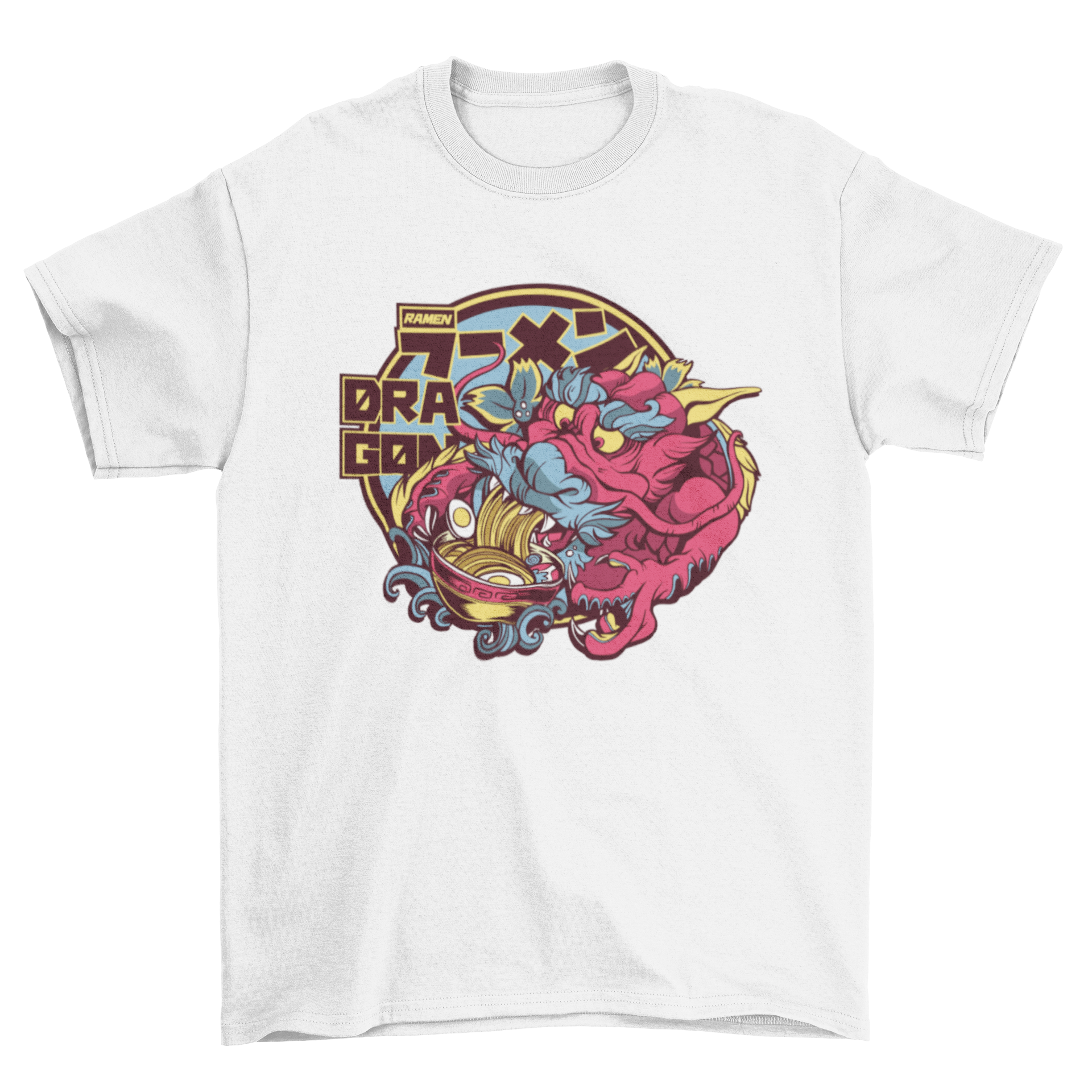 A stylish t-shirt featuring a colorful dragon illustration enjoying a bowl of ramen, perfect for food and anime lovers.