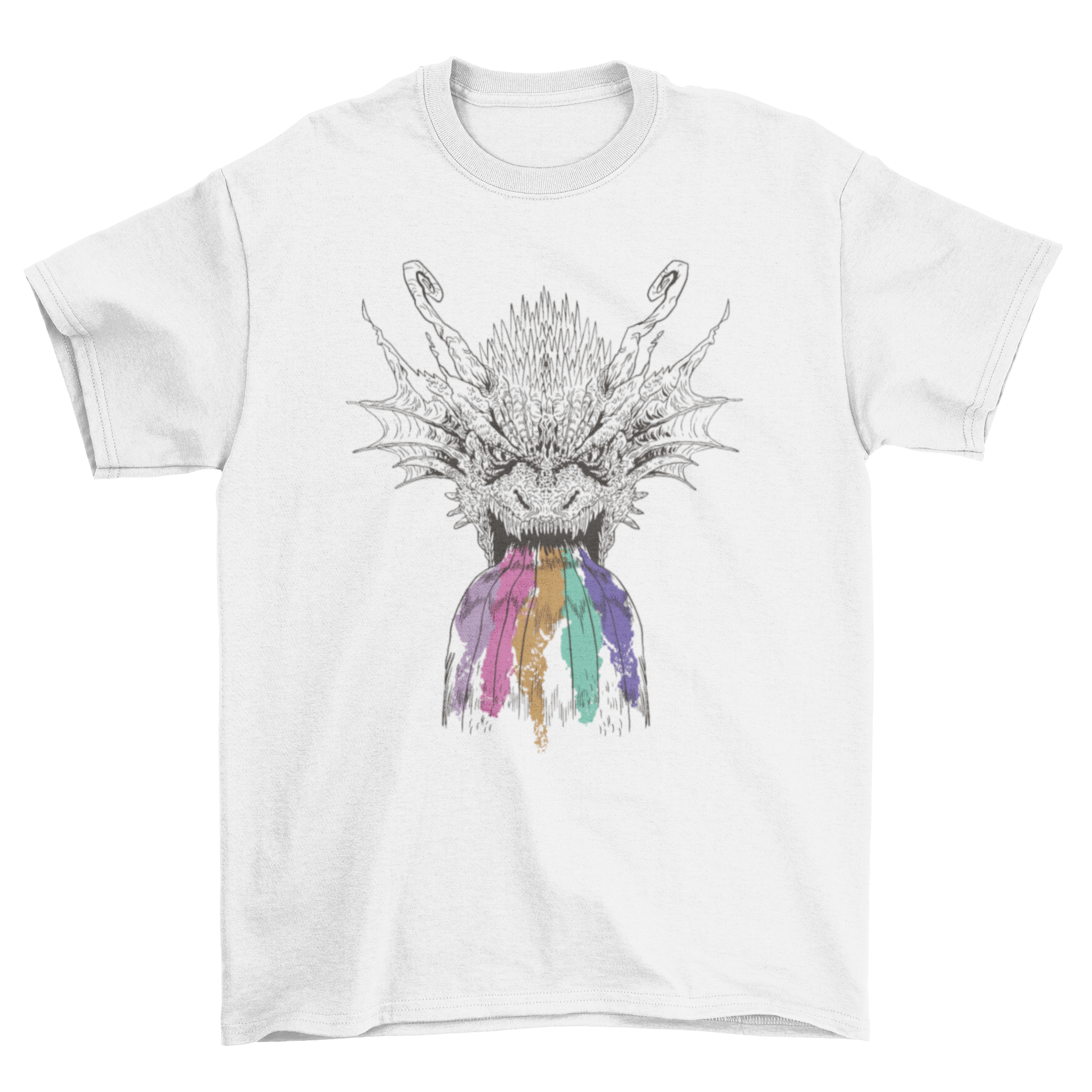 A black and white hand-drawn dragon roaring with a vibrant rainbow dripping from its mouth, featured on a stylish t-shirt.