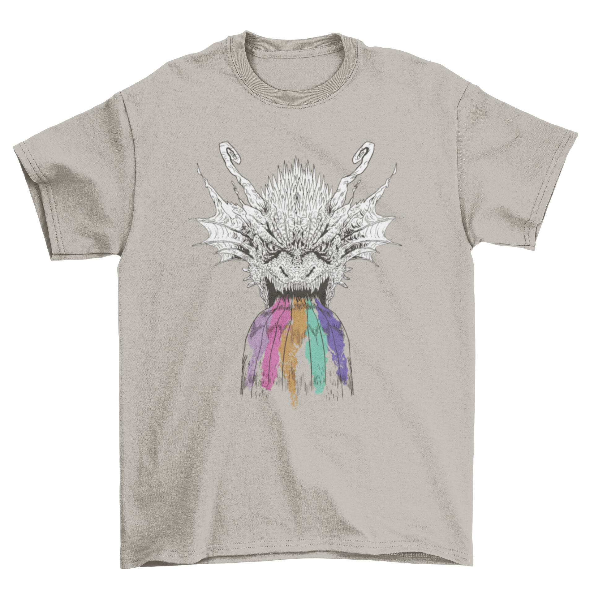 A black and white hand-drawn dragon roaring with a vibrant rainbow dripping from its mouth, featured on a stylish t-shirt.