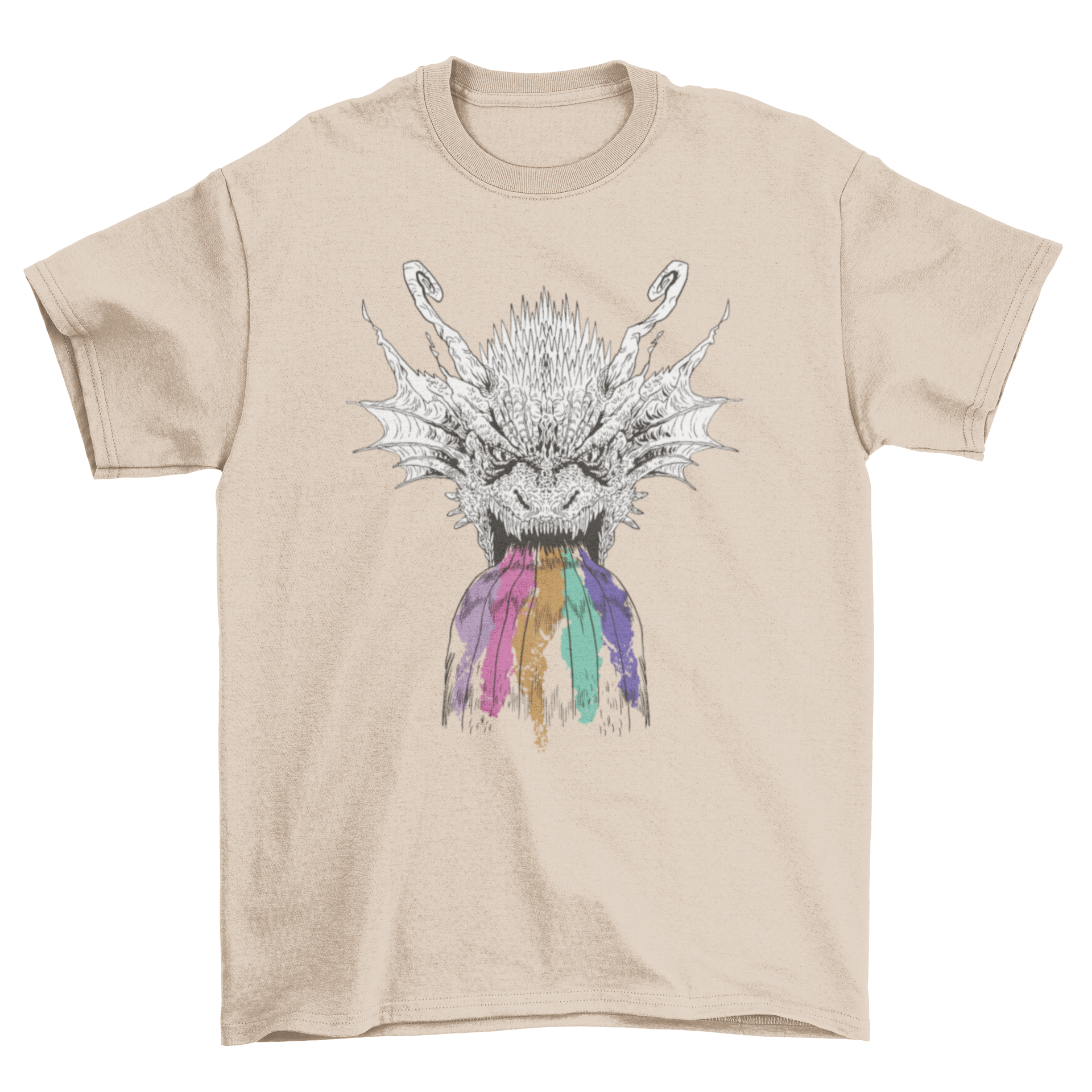 A black and white hand-drawn dragon roaring with a vibrant rainbow dripping from its mouth, featured on a stylish t-shirt.