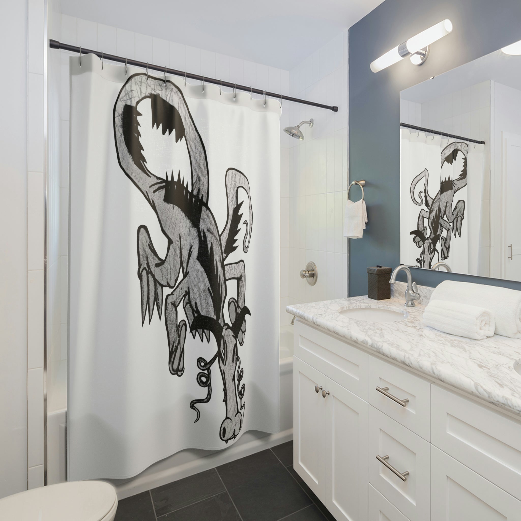 A vibrant Dragon Shower Curtain featuring intricate dragon designs, made from durable polyester, hanging in a stylish bathroom setting.