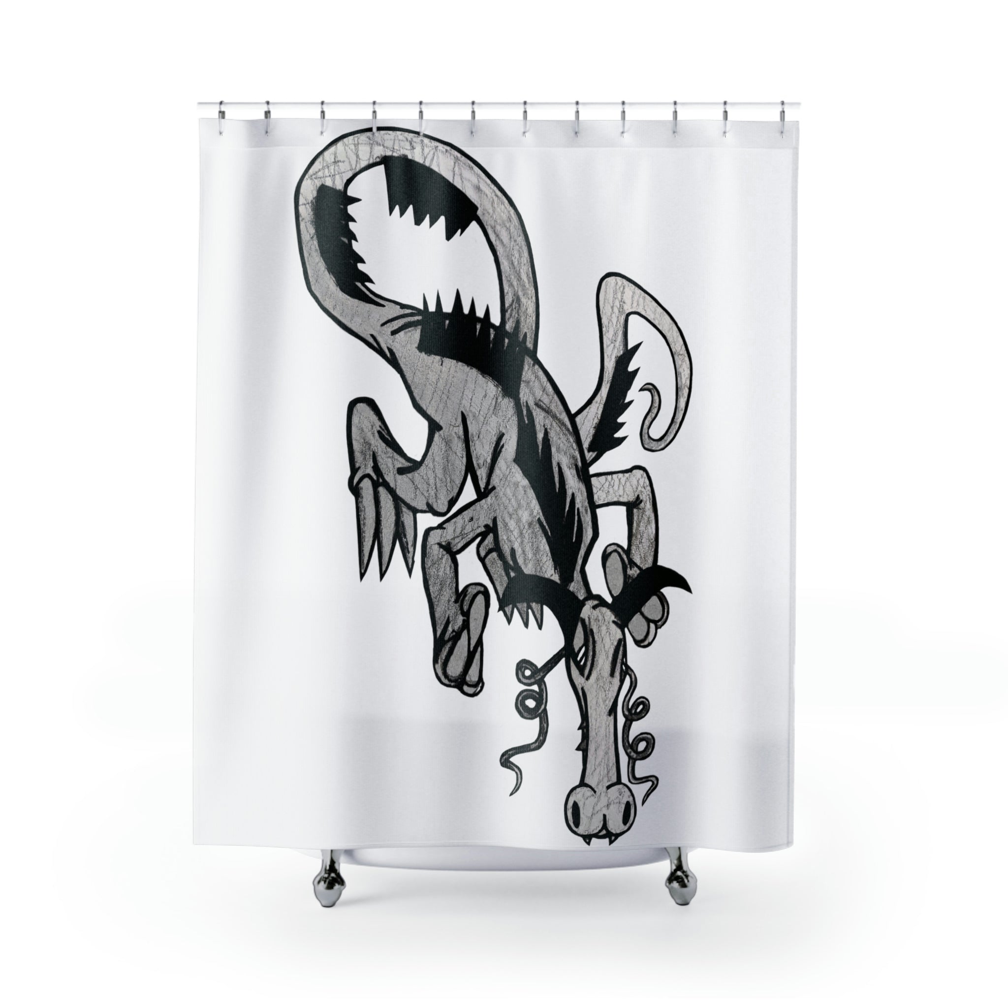 A vibrant Dragon Shower Curtain featuring intricate dragon designs, made from durable polyester, hanging in a stylish bathroom setting.