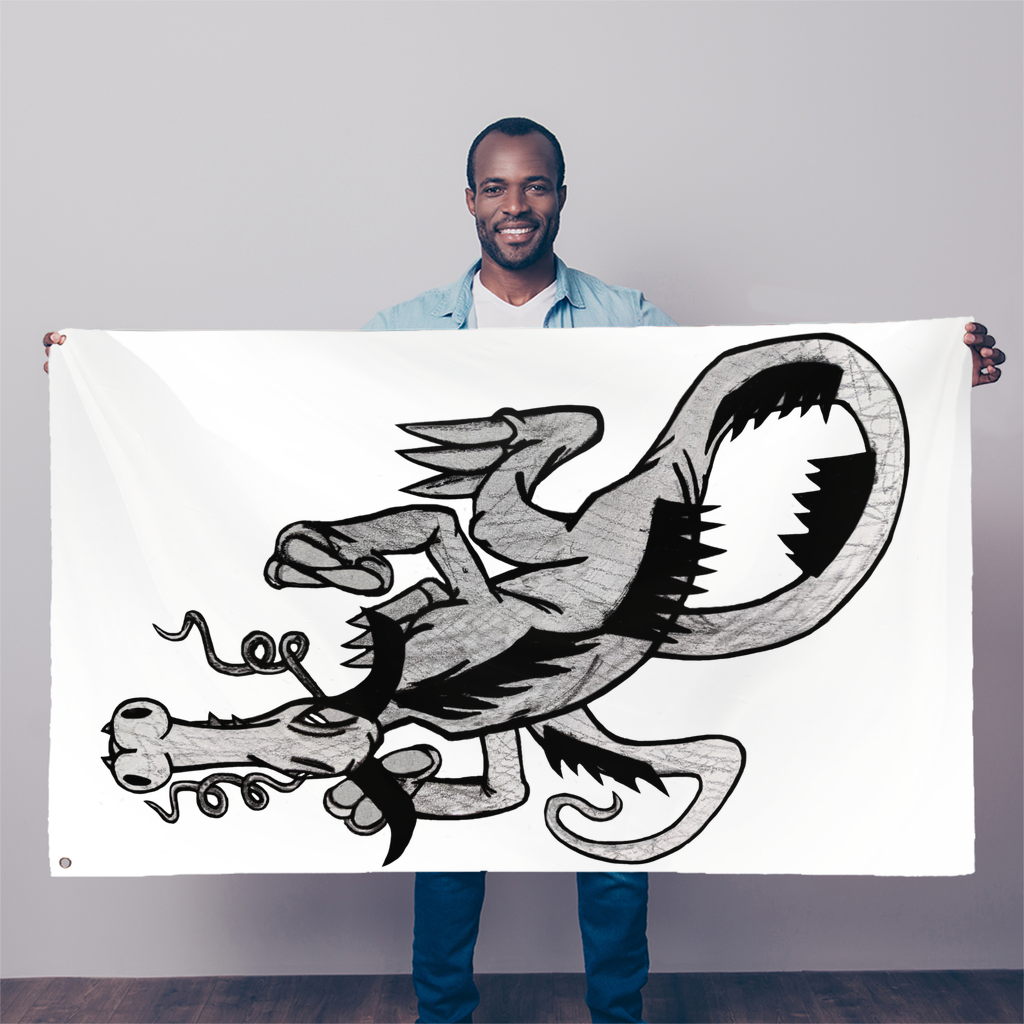 A vibrant Dragon Sublimation Flag measuring 5FT x 3FT, made from durable polyester fabric with double-stitched edges and eyelets for hanging.