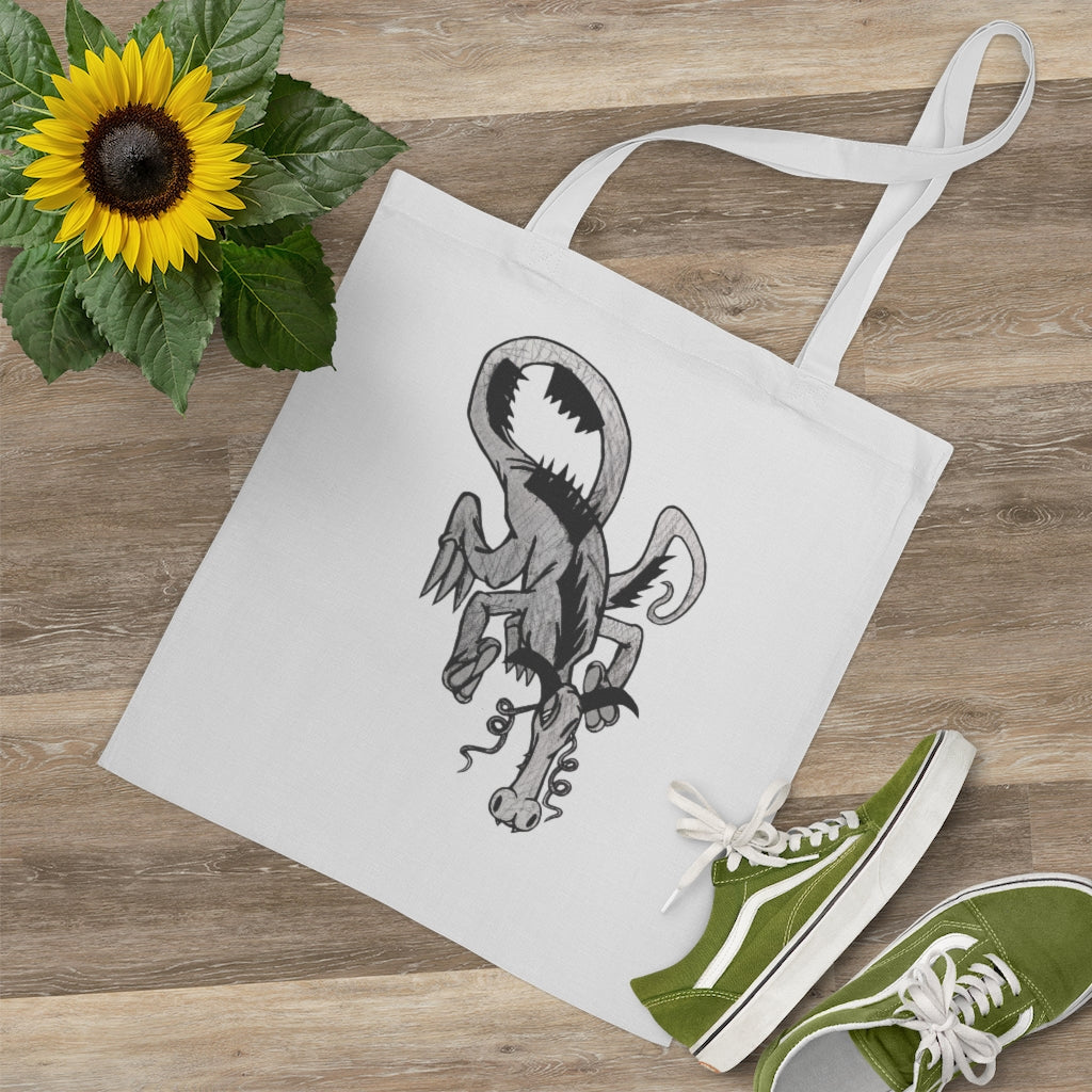 A colorful Dragon Tote Bag made of 100% cotton with long handles and cross stitching for durability.