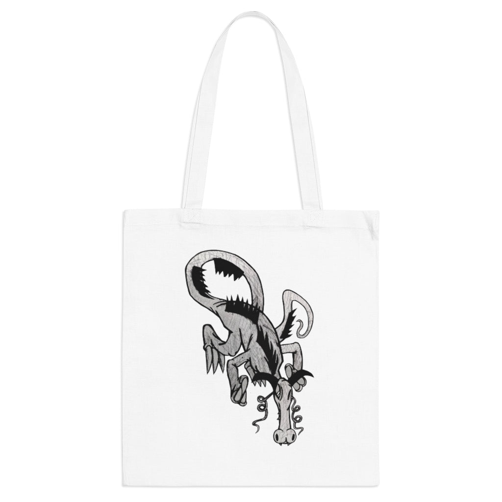 A colorful Dragon Tote Bag made of 100% cotton with long handles and cross stitching for durability.