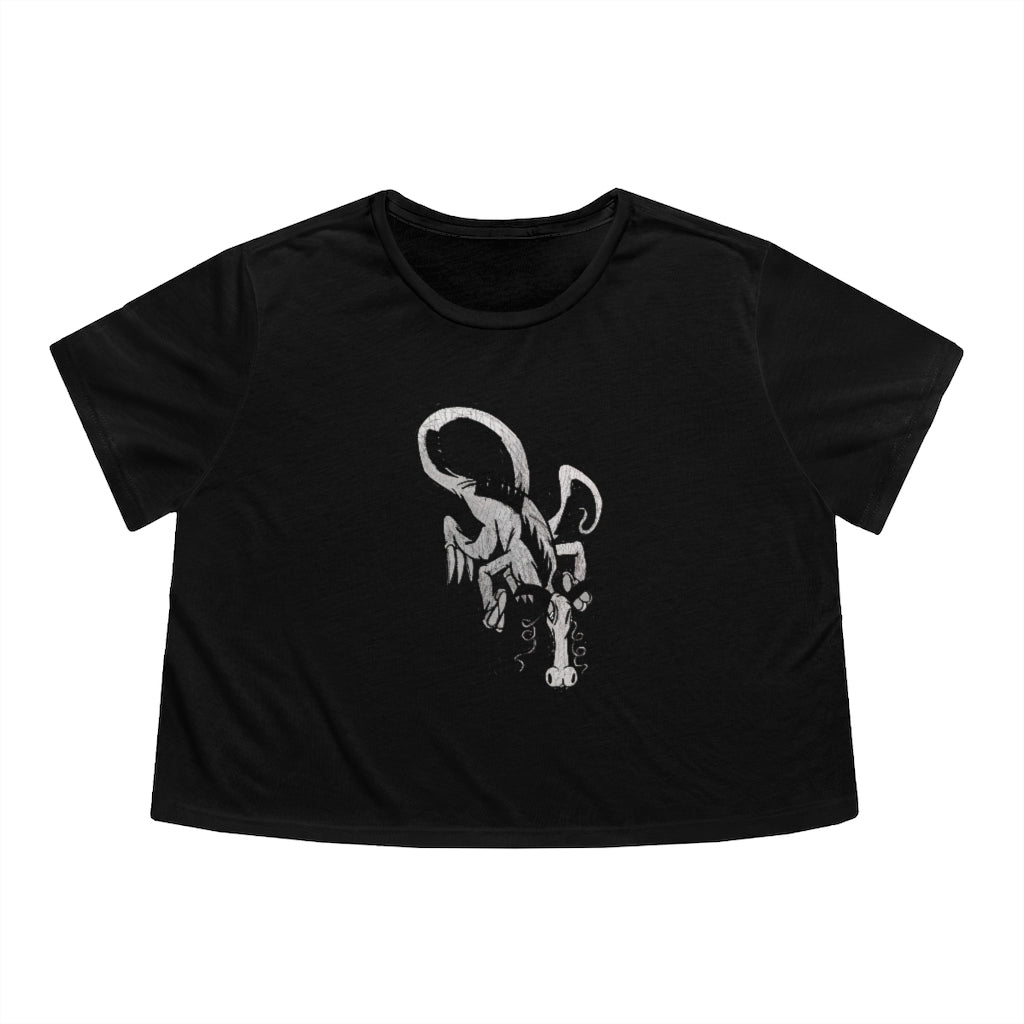 A stylish Dragon Women's Flowy Cropped Tee in a soft fabric blend, featuring a modest crop and tailored sleeves, perfect for personalized designs.