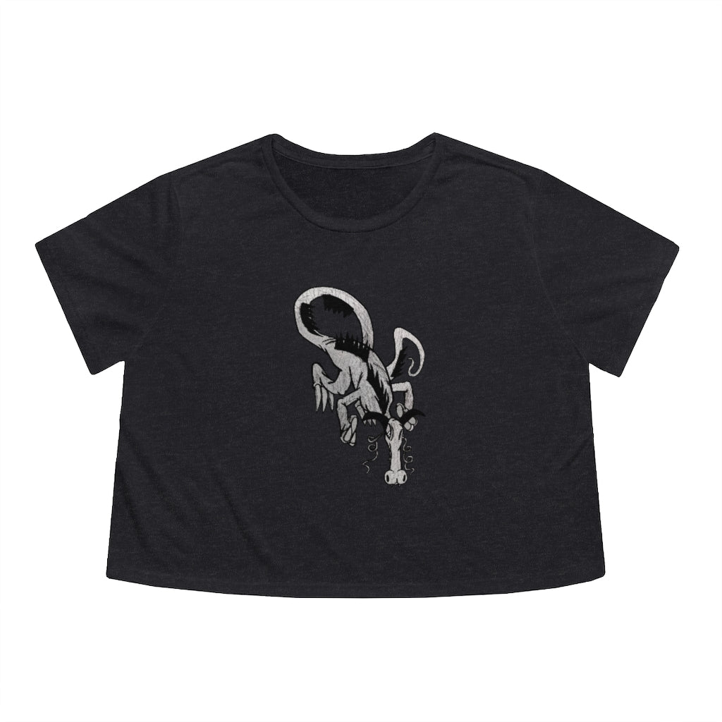 A stylish Dragon Women's Flowy Cropped Tee in a soft fabric blend, featuring a modest crop and tailored sleeves, perfect for personalized designs.