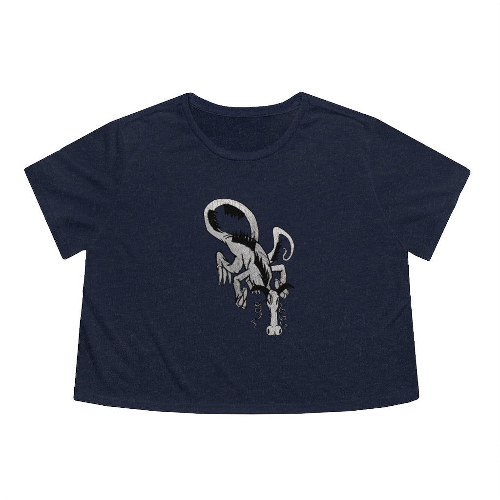 A stylish Dragon Women's Flowy Cropped Tee in a soft fabric blend, featuring a modest crop and tailored sleeves, perfect for personalized designs.