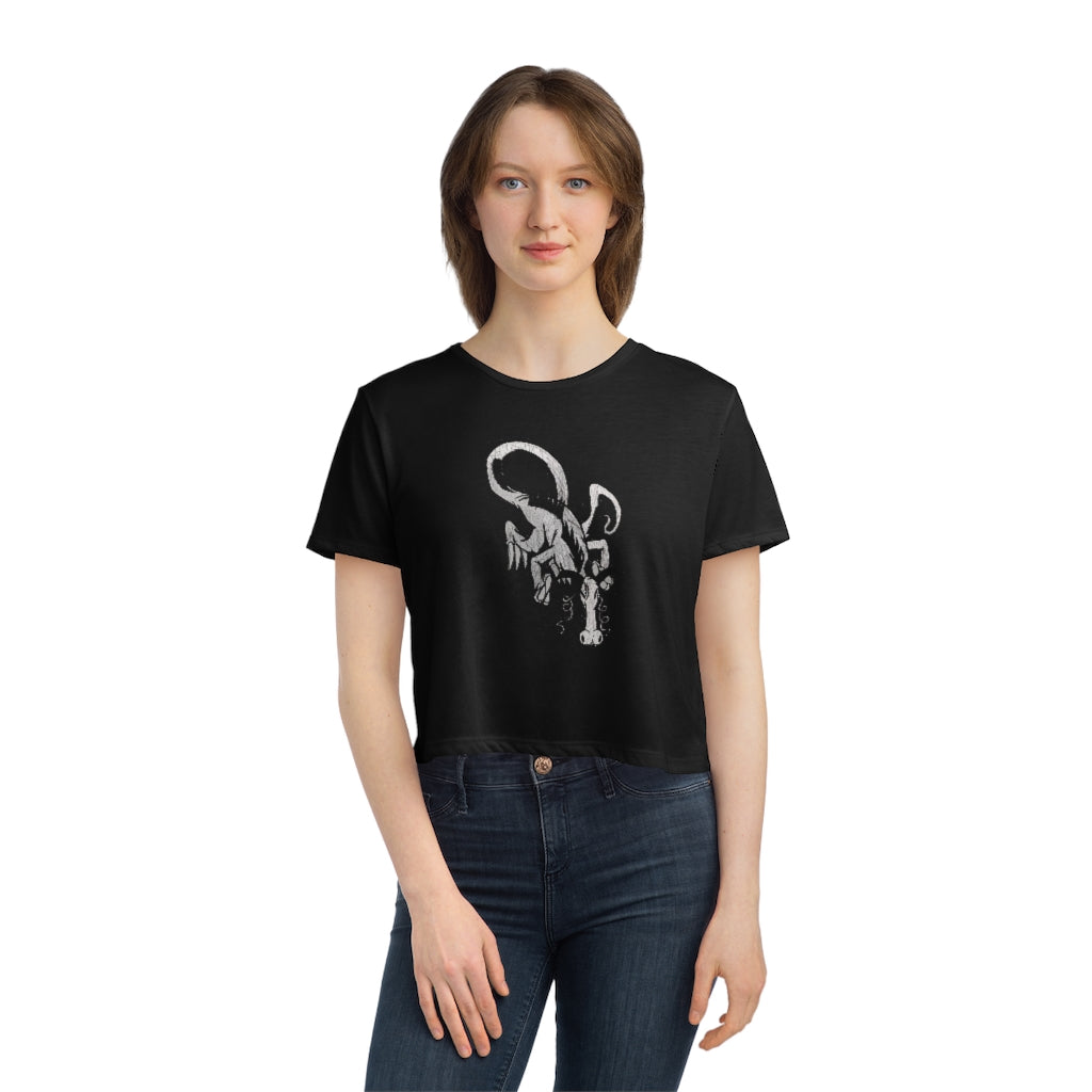 A stylish Dragon Women's Flowy Cropped Tee in a soft fabric blend, featuring a modest crop and tailored sleeves, perfect for personalized designs.