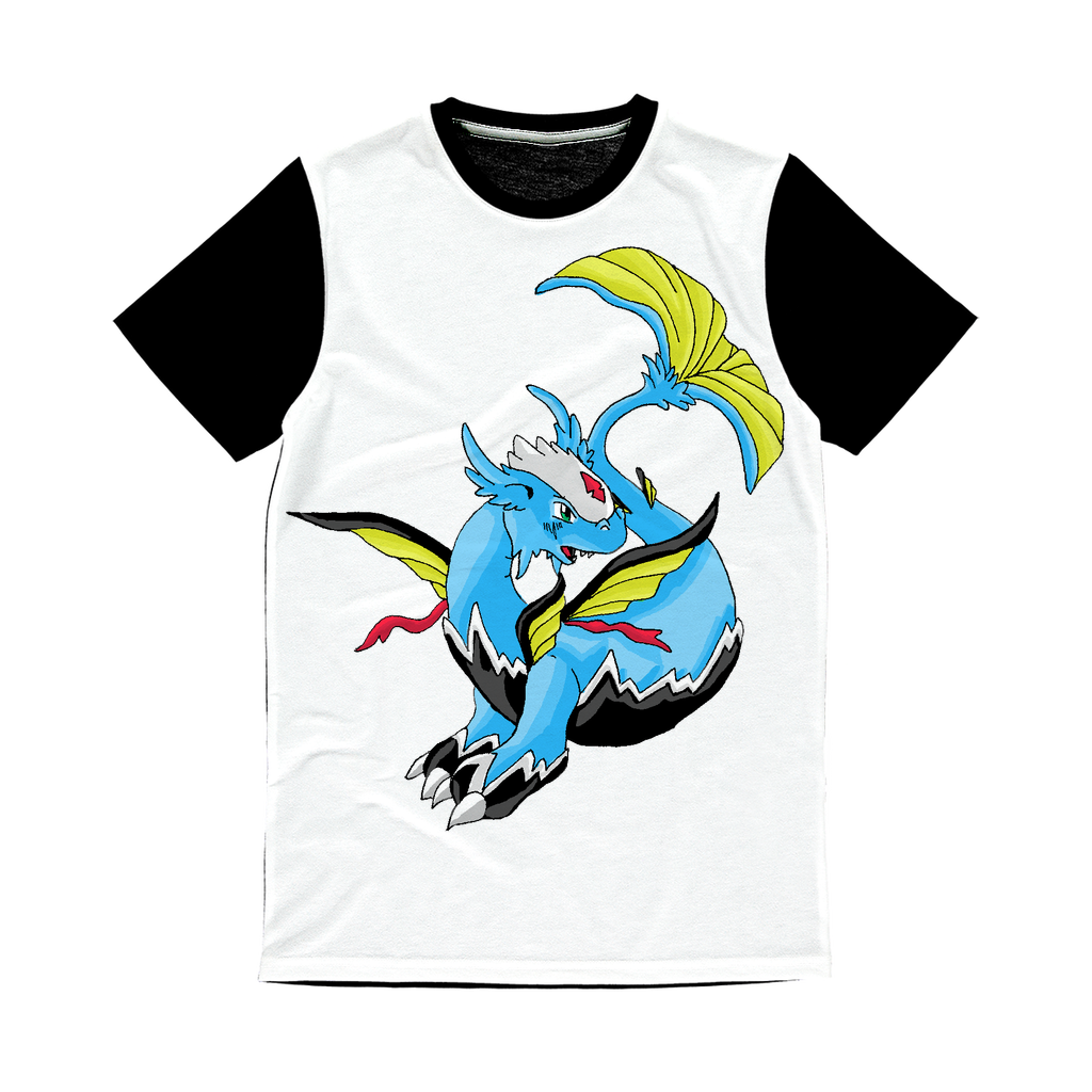 Dragonir Classic Sublimation Panel T-Shirt featuring a vibrant front design and plain black back, ideal for sublimation printing.