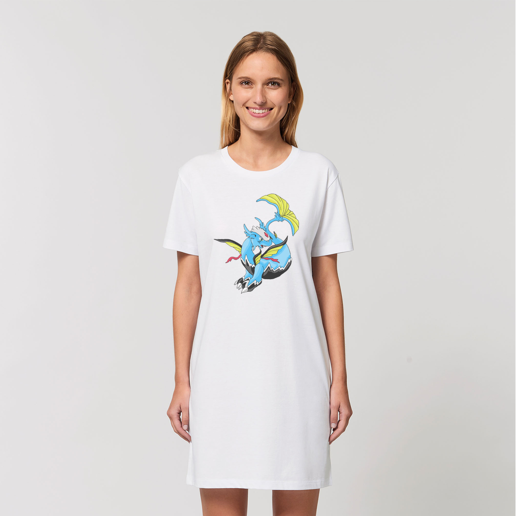 A stylish Dragonir Organic T-Shirt Dress made from 100% organic cotton, showcasing its soft texture and elegant design.