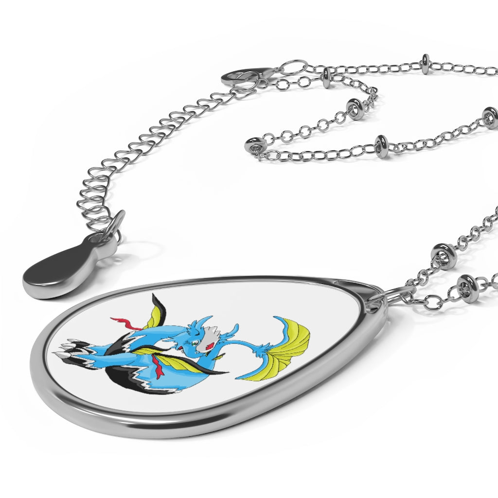 Dragonir Oval Necklace featuring a unique ellipse-shaped brass pendant and chain, showcasing a personalized aluminum print panel.