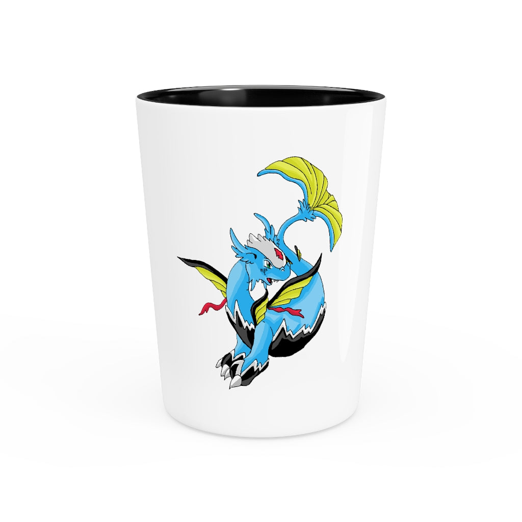 Personalized Dragonir Shot Glass with white ceramic exterior and customizable design, available in white or black interior.